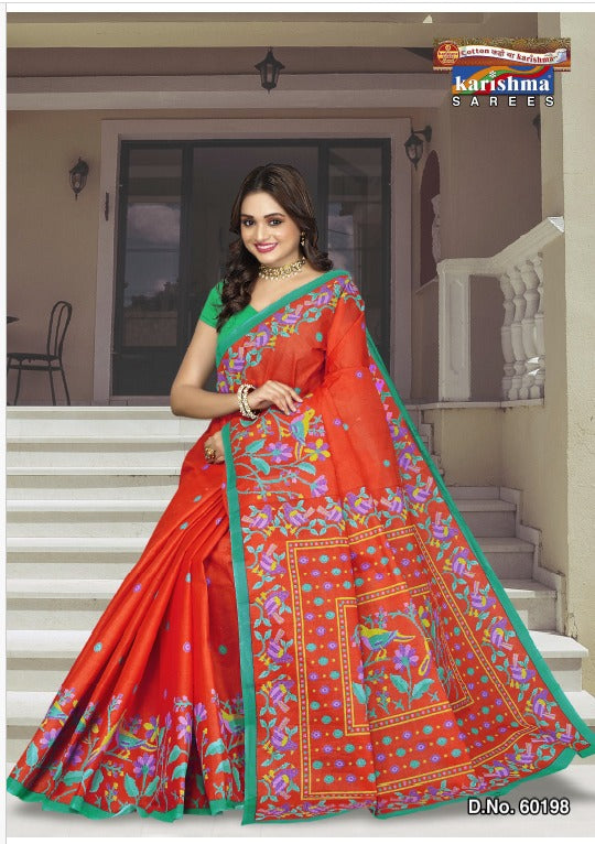 Rust Orange Shalimar Pasiely Print Mulmul Saree
