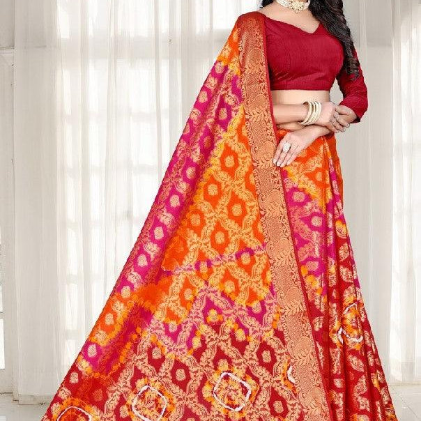 Pink Banarasi Style Jacquard Design Printed Pure Cotton Saree - Shop Karishma