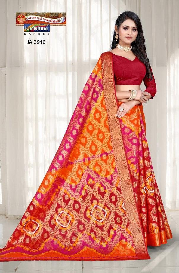 Pink Banarasi Style Jacquard Design Printed Pure Cotton Saree - Shop Karishma