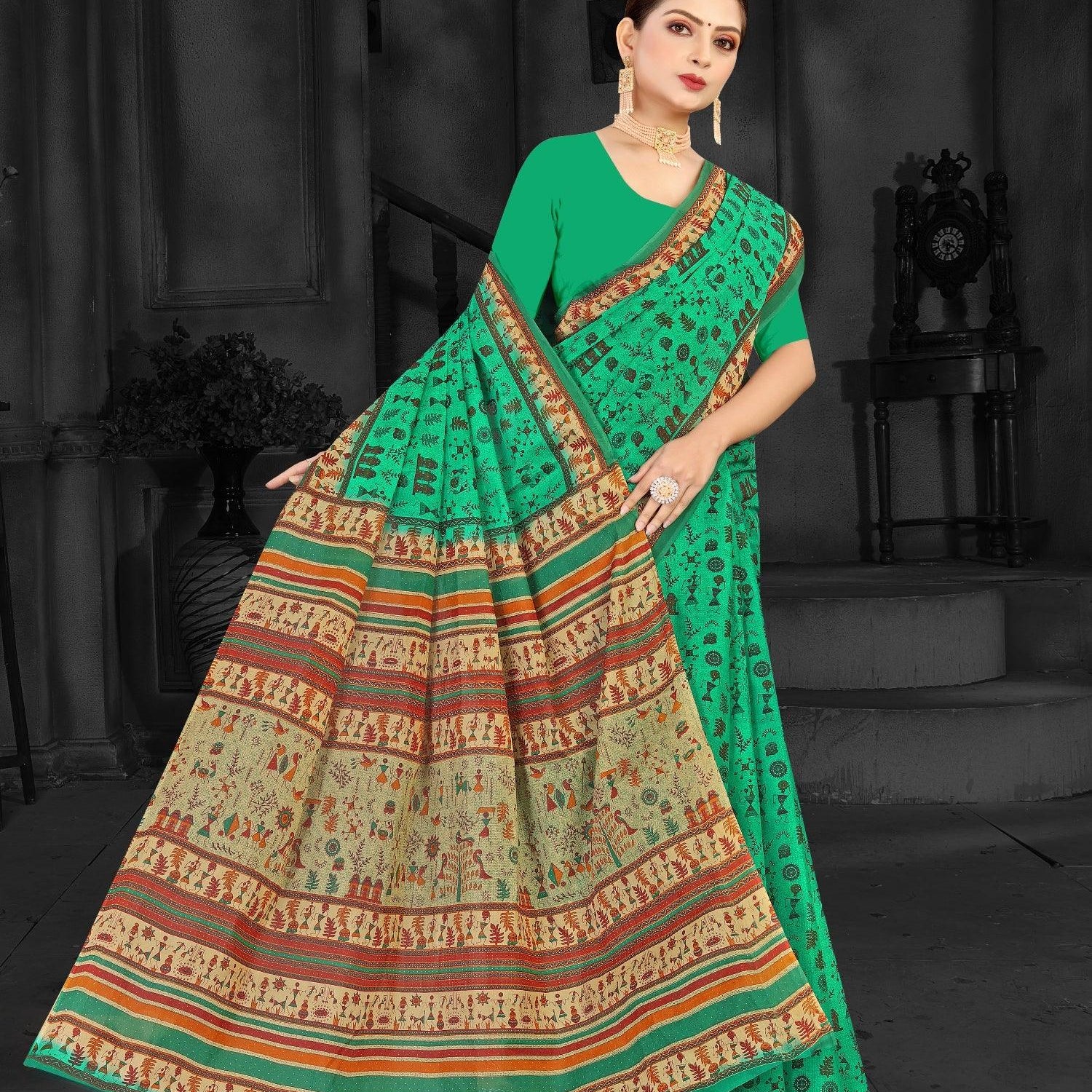 Green Traditional Warli Design Printed Pure Mulmul Cotton Saree - Shop Karishma
