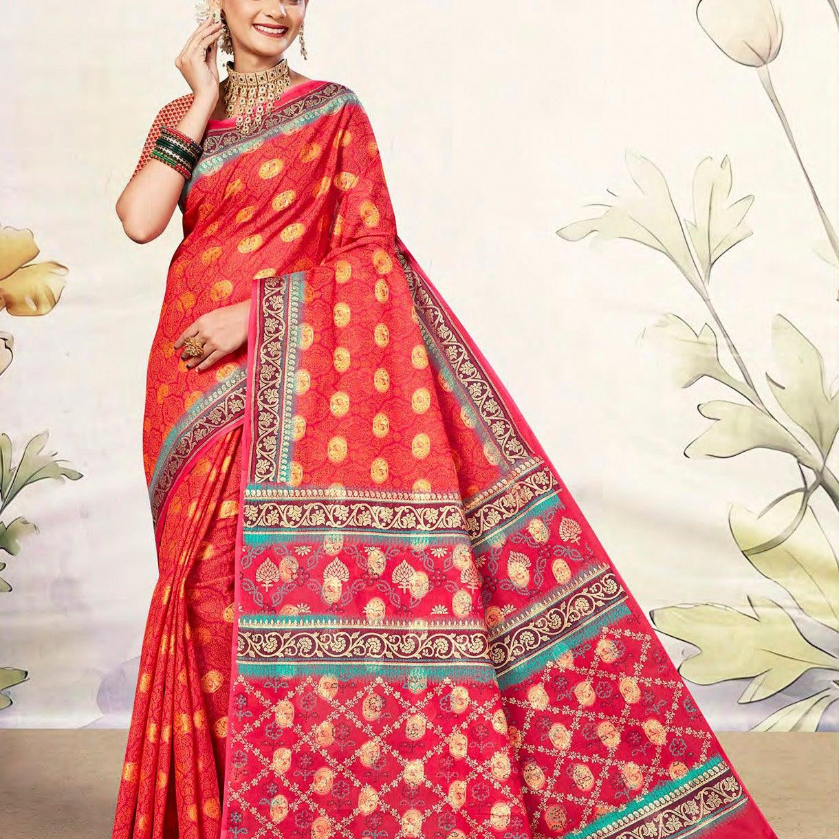Pink Banarasi Design Style Jacquard Printed Pure Cotton Saree - Shop Karishma