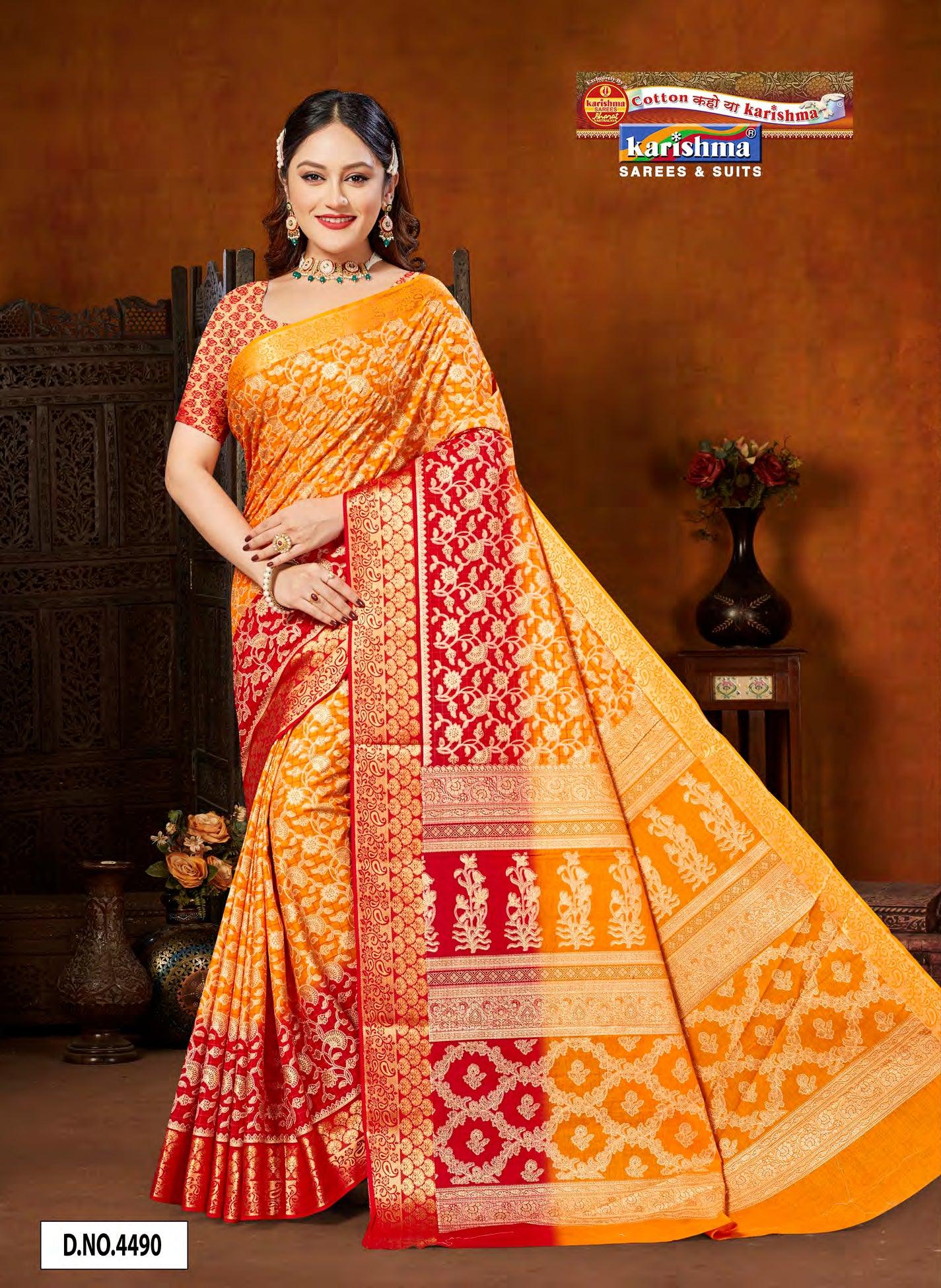 Yellow Traditional Banarasi Jacquard Design Printed Pure Cotton Saree with Zari Border - Shop Karishma