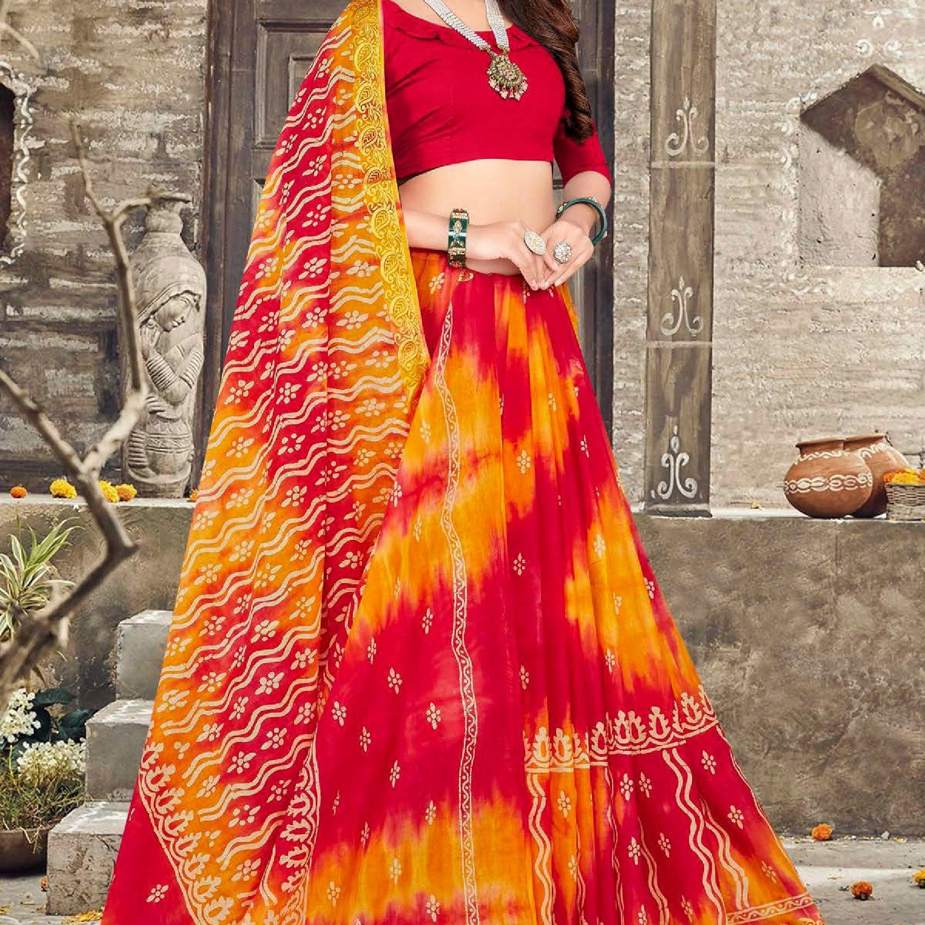 Yellow & Red Pure Mulmul Cotton Shibori Style Saree with Zari Border - Shop Karishma