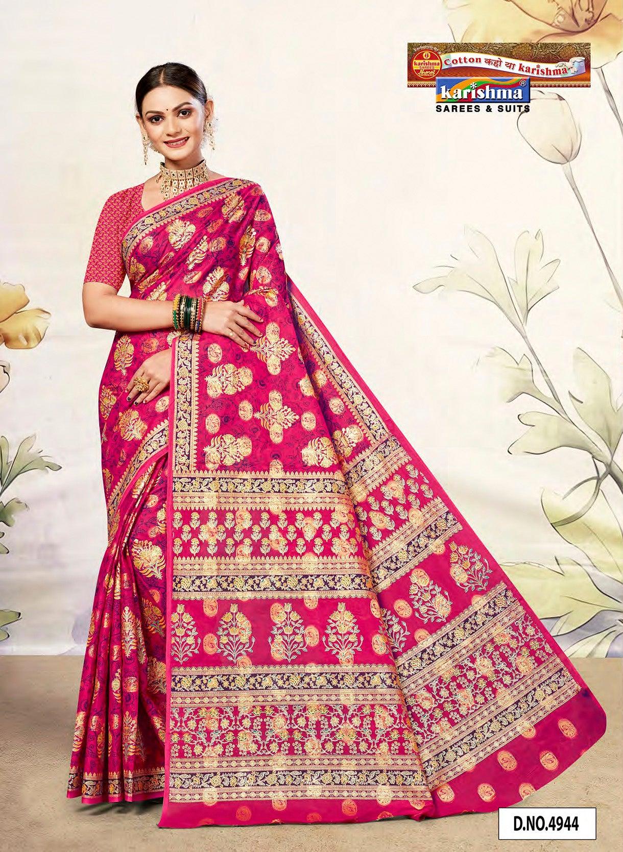 Pink Gold Banarasi Jacquard Design Style Printed Pure Cotton Saree - Shop Karishma