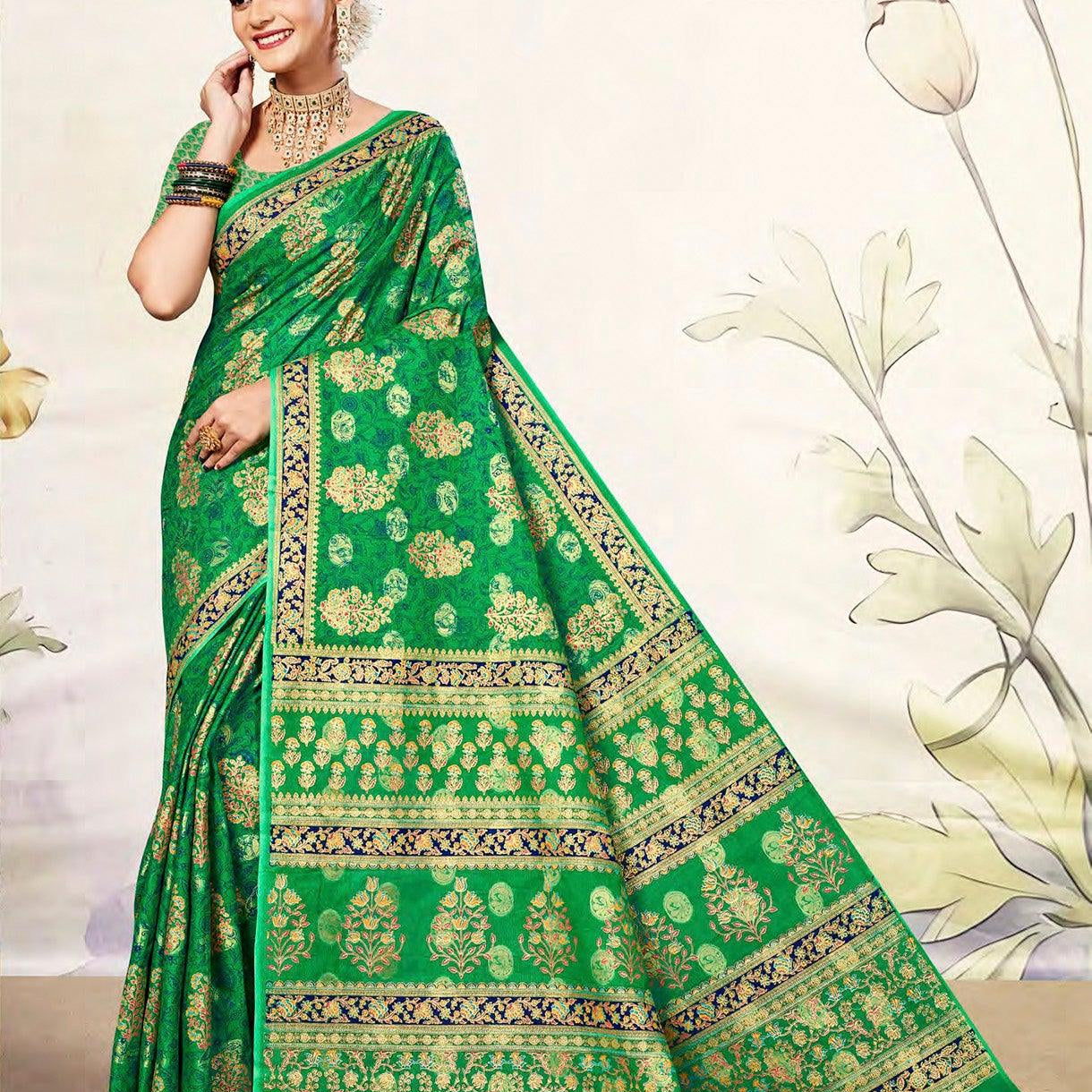 Green Gold Banarasi Jacquard Design Style Printed Pure Cotton Saree - Shop Karishma