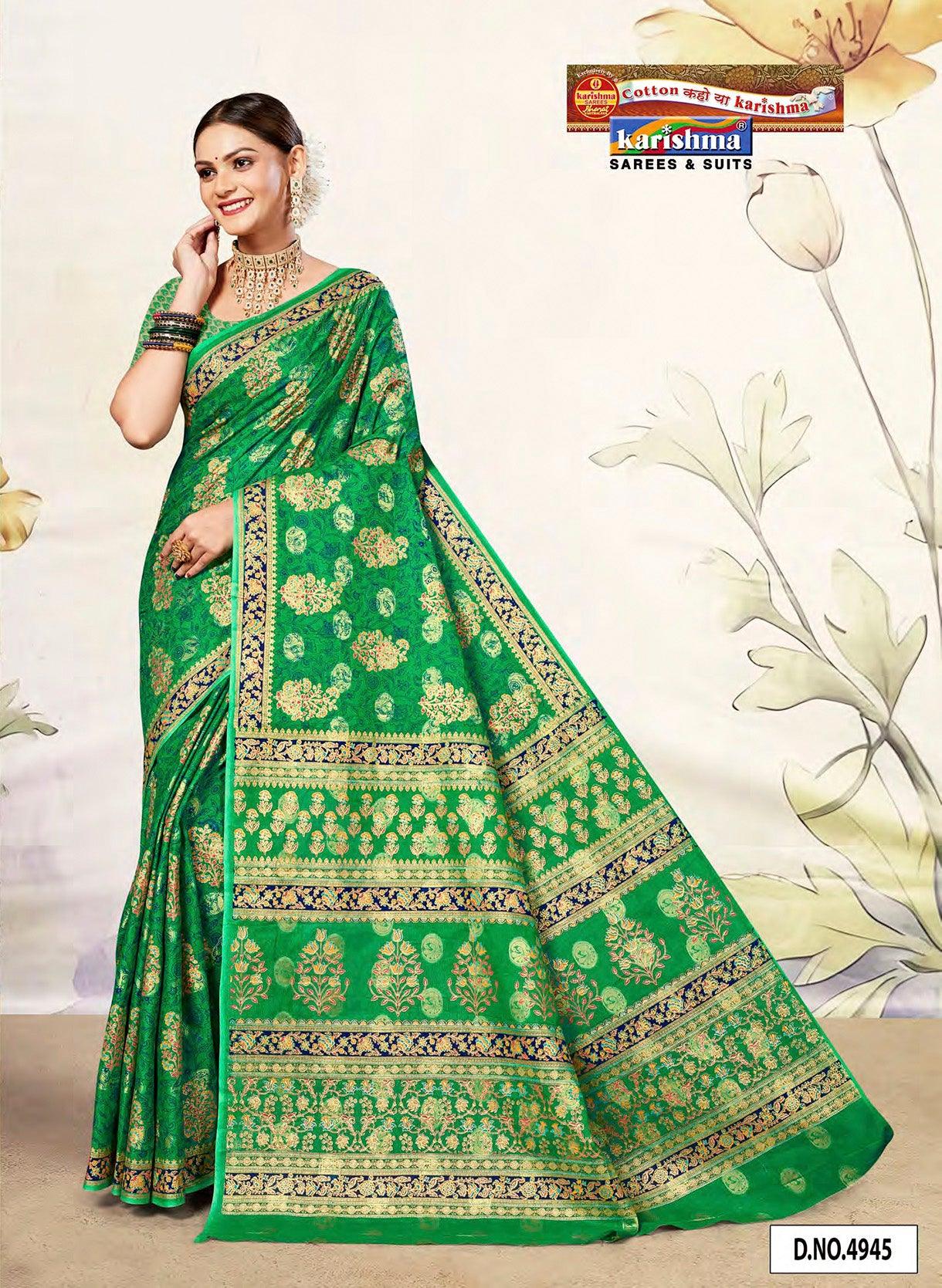 Green Gold Banarasi Jacquard Design Style Printed Pure Cotton Saree - Shop Karishma