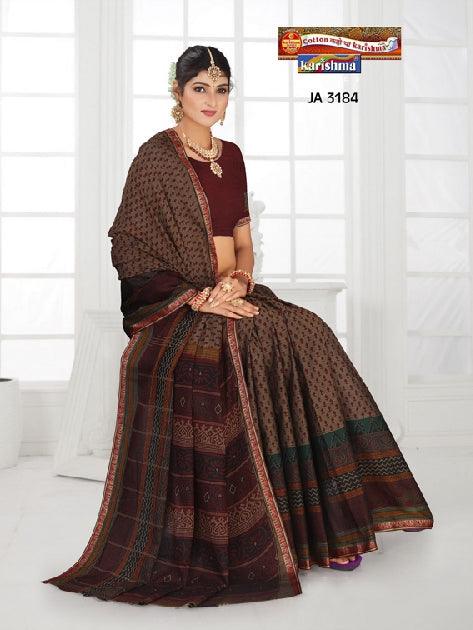 Brown Handloom Butti Design Printed Pure Soft Muslin Cotton Saree with Zari Border - Shop Karishma