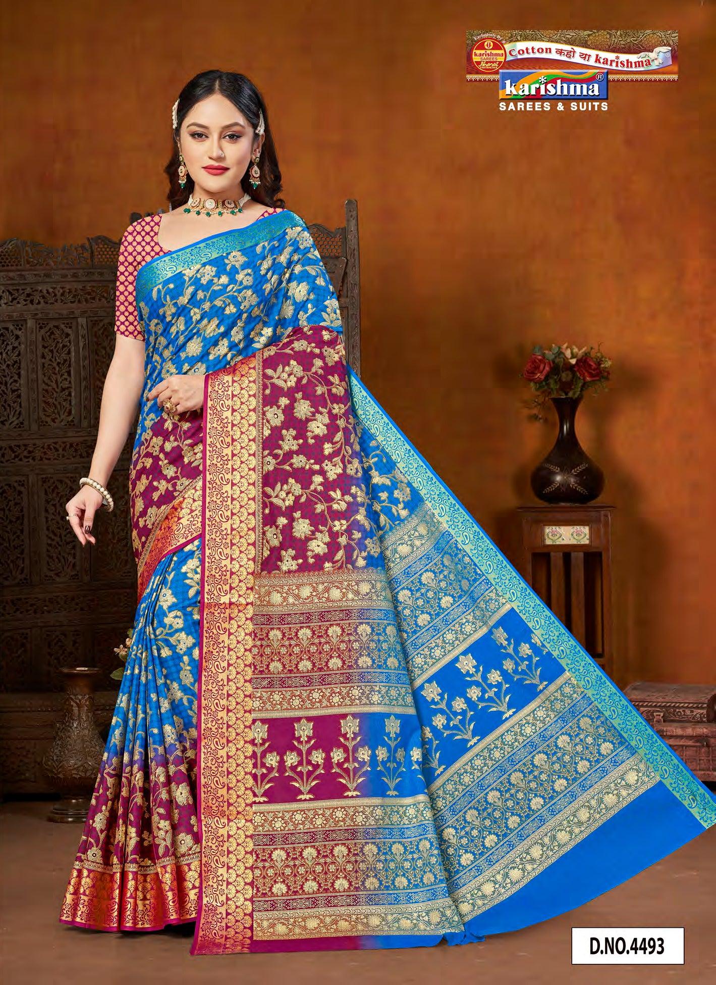 Blue Traditional Banarasi Jacquard Design Printed Pure Cotton Saree with Zari Border - Shop Karishma