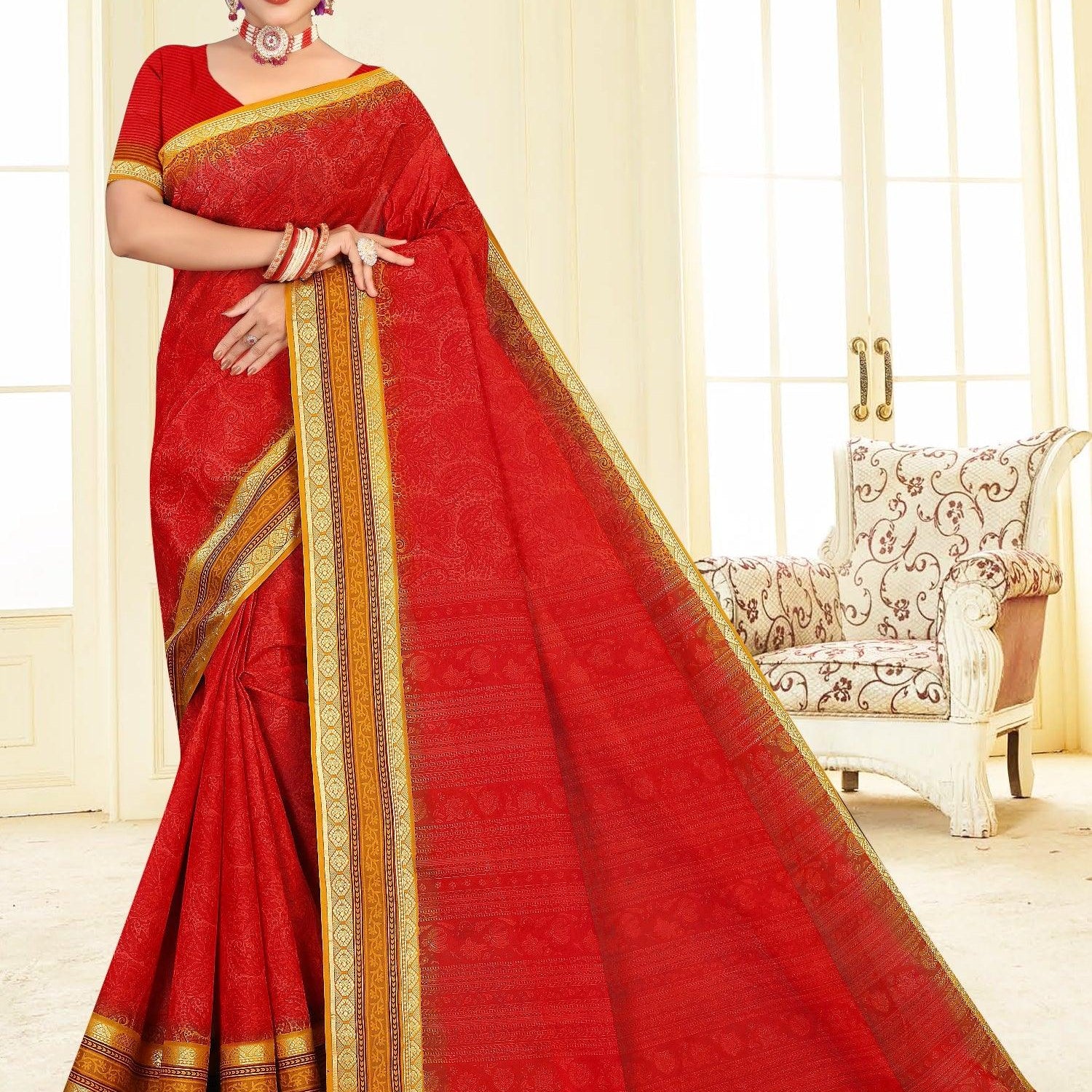 Red colour Paisely Printed Bentex Zari Border Pure Mulmul Cotton Saree - Shop Karishma
