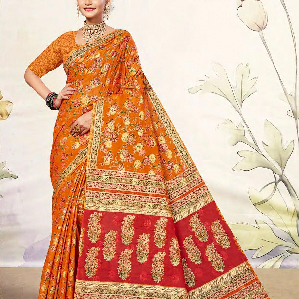 Orange Red Gold Banarasi Jacquard Design Style Printed Pure Cotton Saree - Shop Karishma