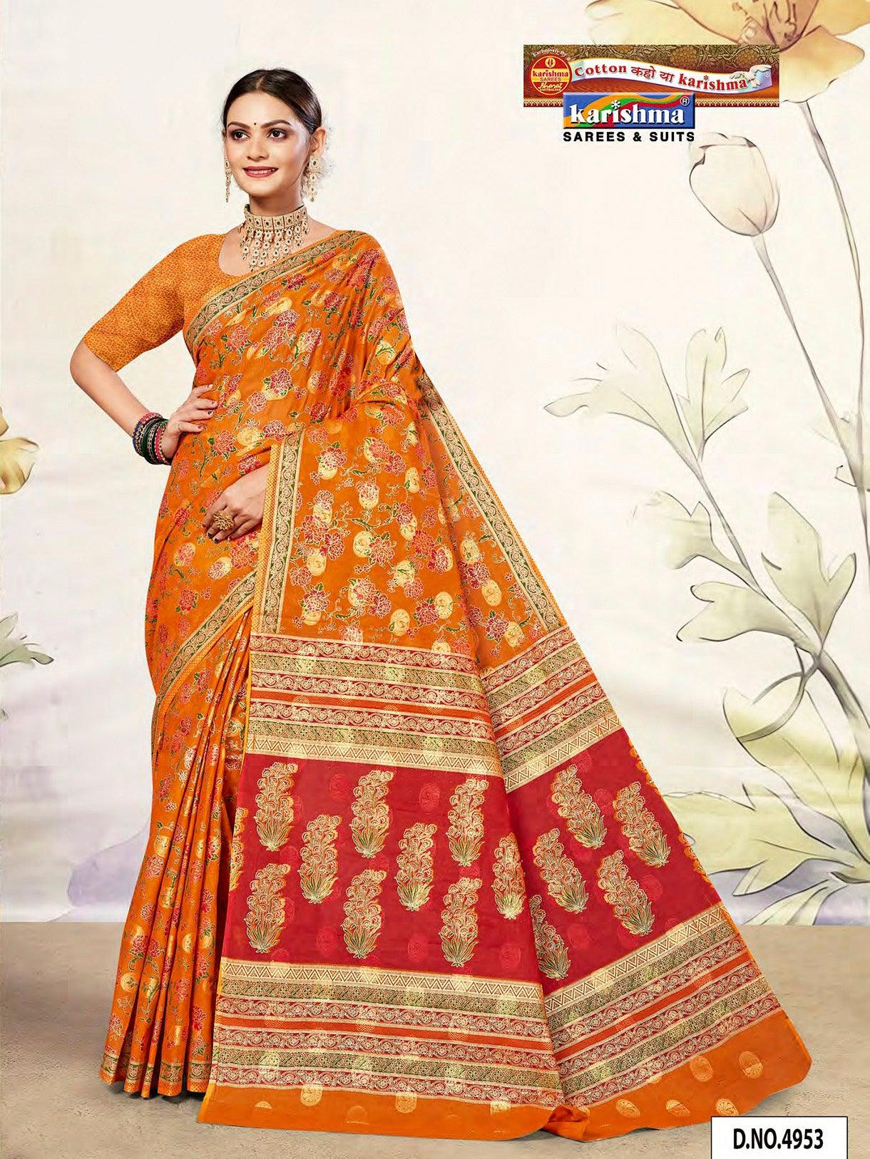 Orange Red Gold Banarasi Jacquard Design Style Printed Pure Cotton Saree - Shop Karishma