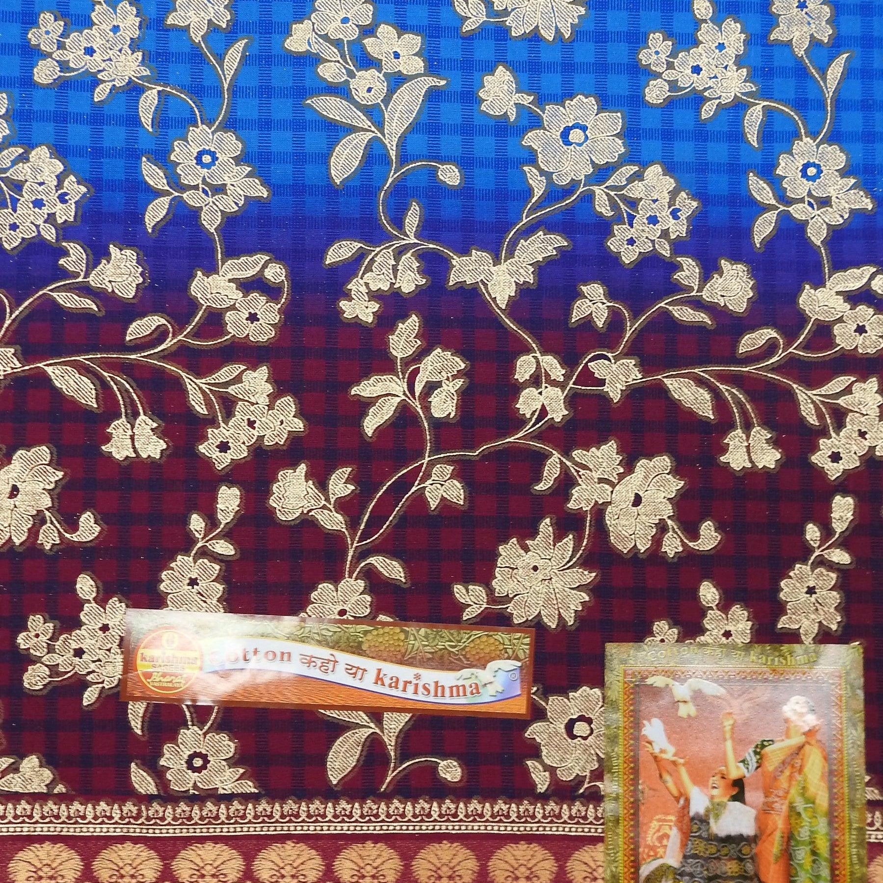 Blue Traditional Banarasi Jacquard Design Printed Pure Cotton Saree with Zari Border - Shop Karishma