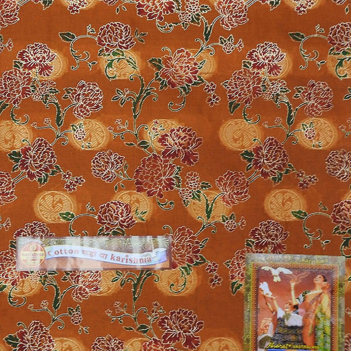 Orange Red Gold Banarasi Jacquard Design Style Printed Pure Cotton Saree - Shop Karishma