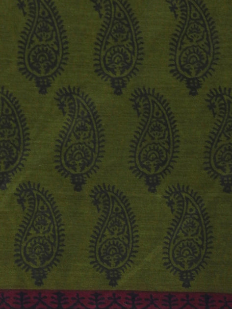 Green Handloom Paisley Design Printed Pure Soft Muslin Cotton Saree with Zari Border - Shop Karishma