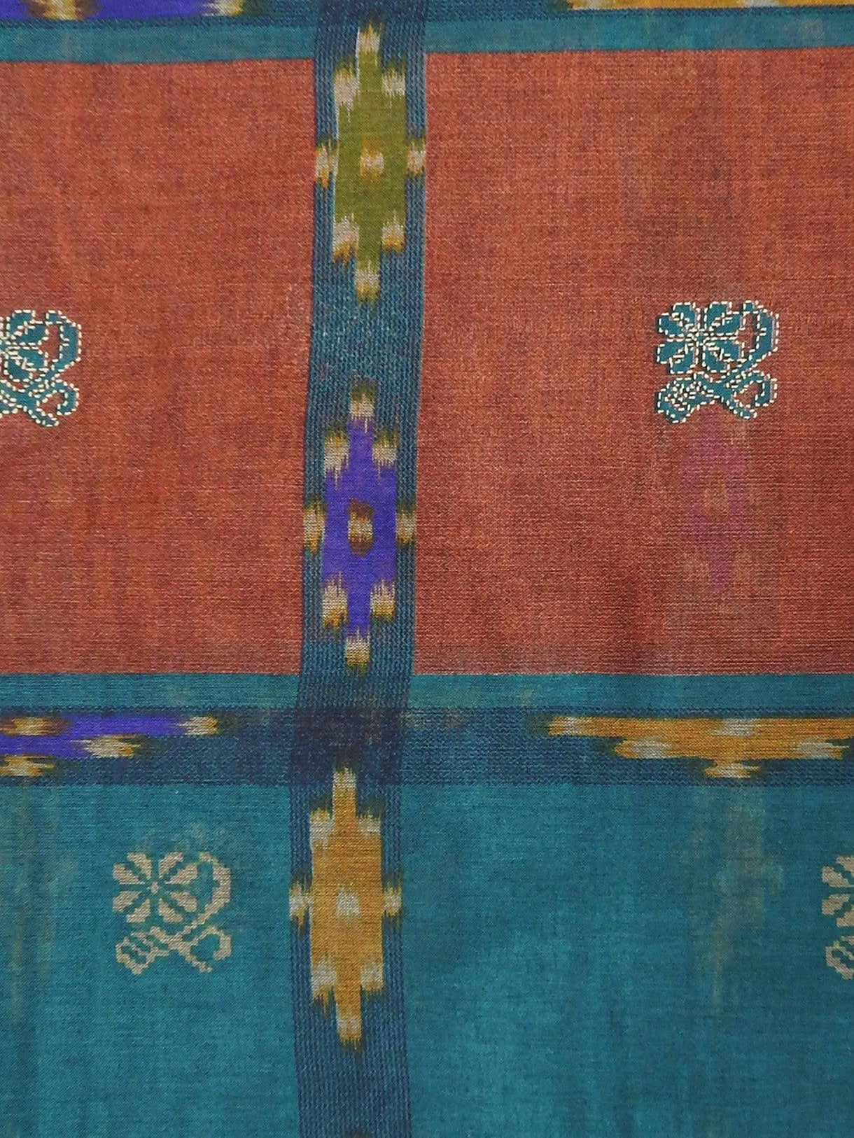 Green Orange Traditional Handloom Pattern Design Printed Pure Muslin Cotton Saree - Shop Karishma