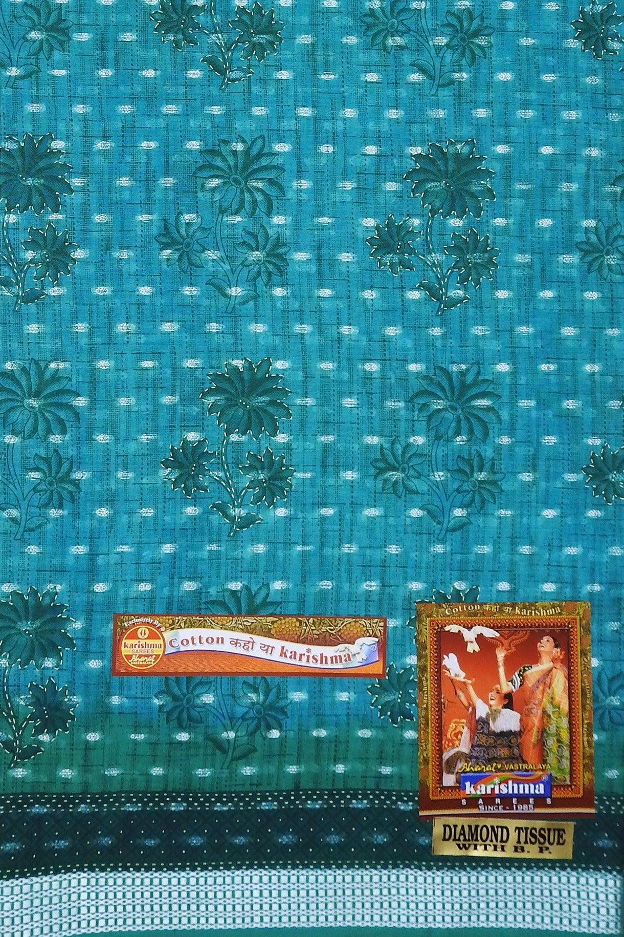 Teal Pattu Pure Mulmul Cotton Floral Printed Resham Border Saree - Shop Karishma
