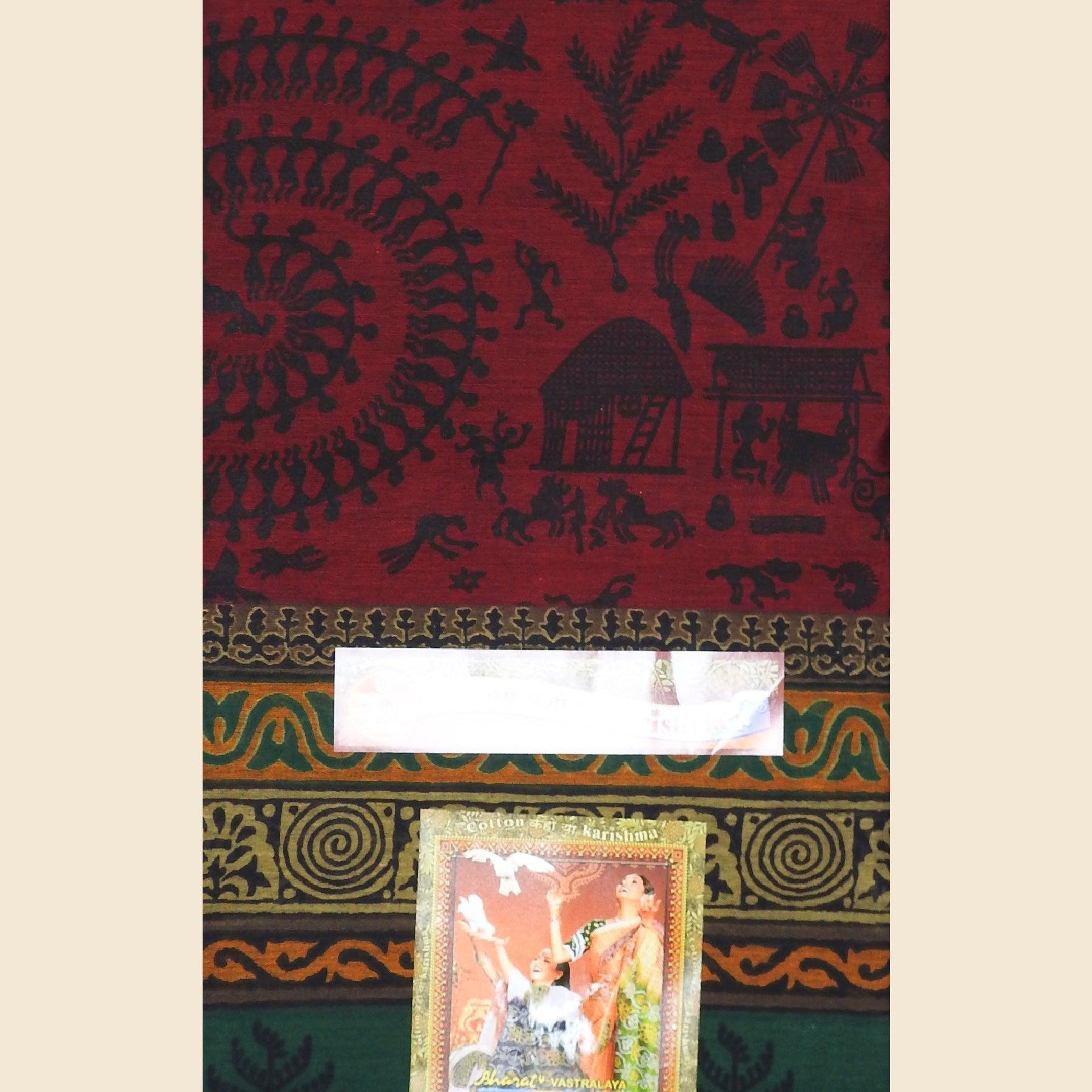 Red Traditional Ikat Warli Design Printed Zari Border Pure Muslin Cotton Saree - Shop Karishma