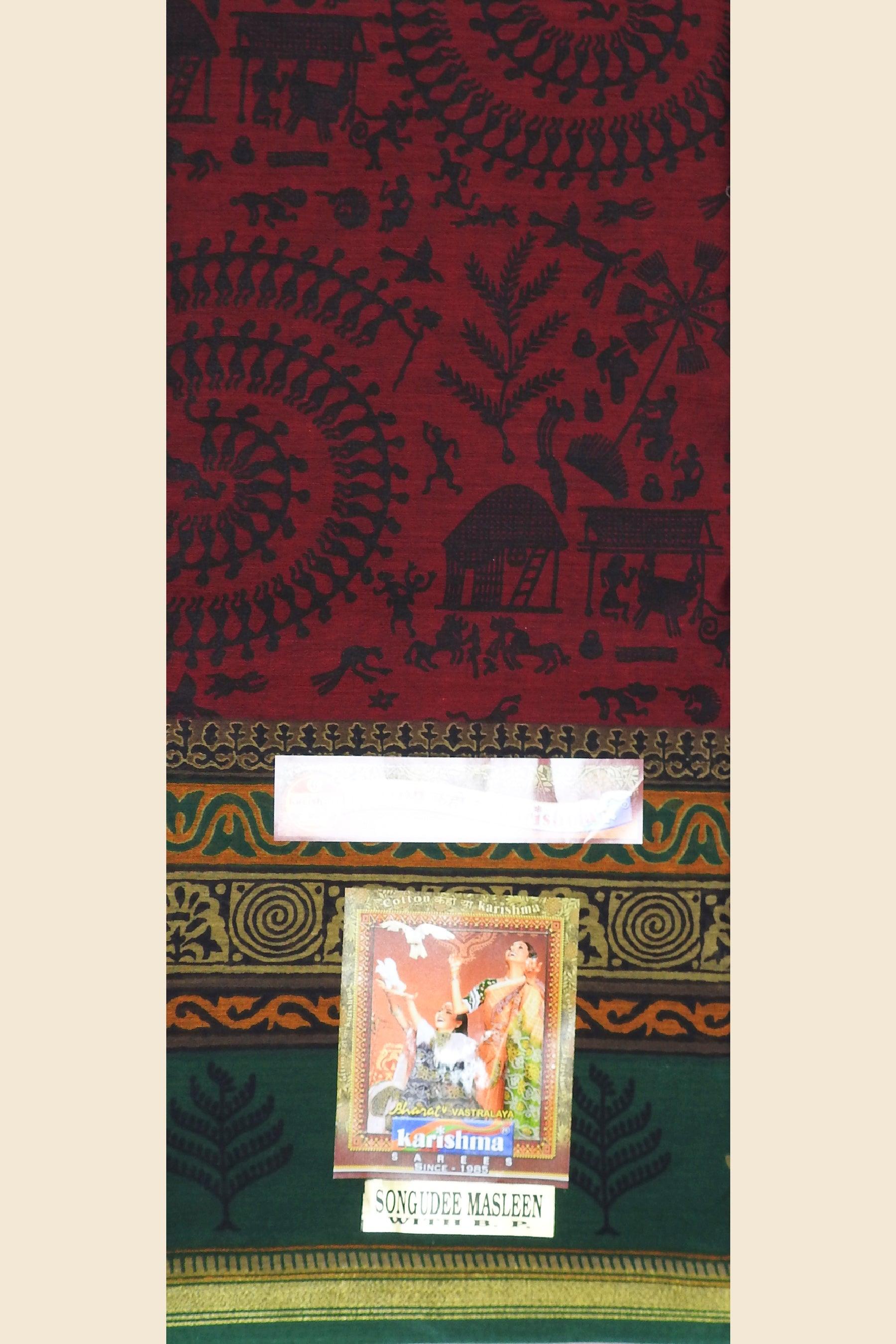 Red Traditional Ikat Warli Design Printed Zari Border Pure Muslin Cotton Saree - Shop Karishma