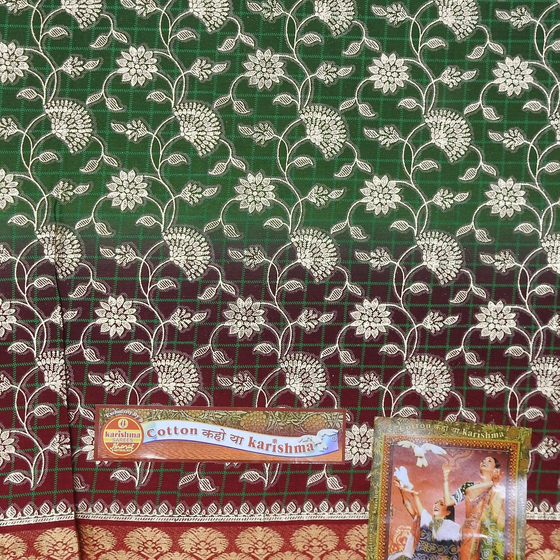 Green Traditional Banarasi Jacquard Design Printed Pure Cotton Saree with Zari Border - Shop Karishma