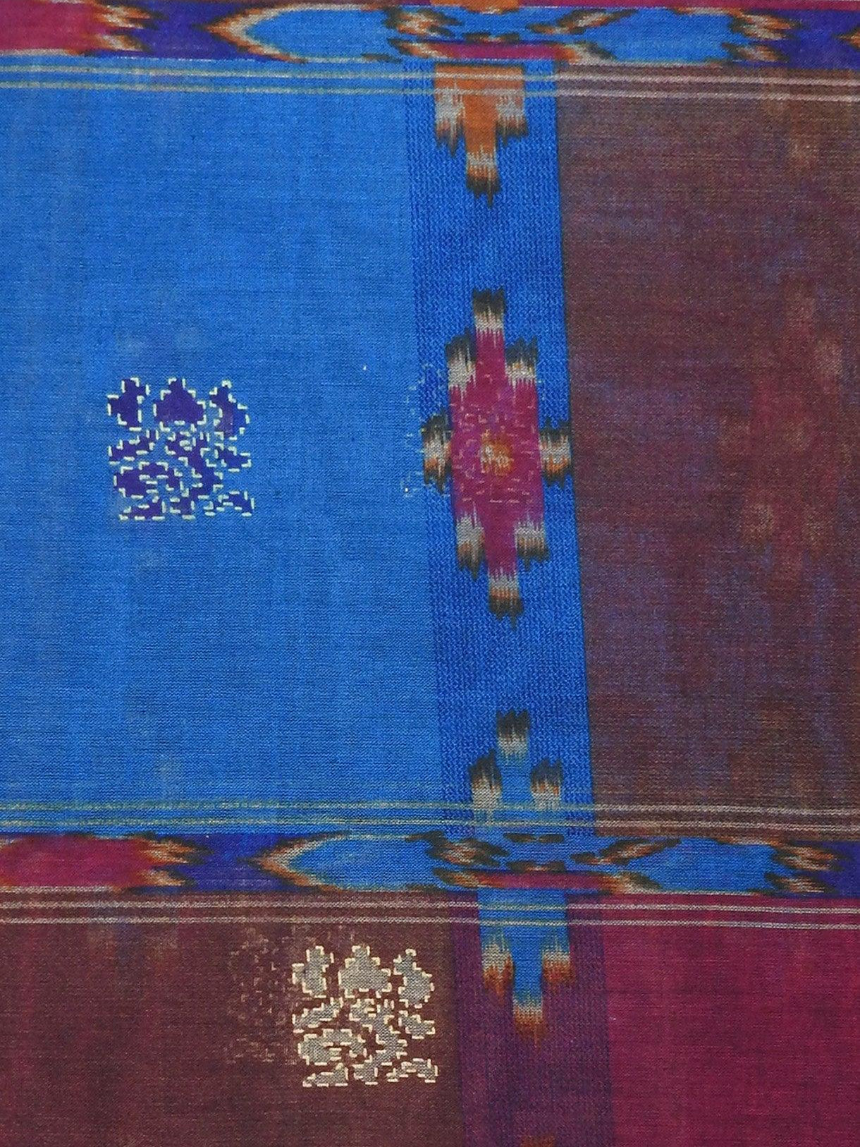 Red Blue Traditional Handloom Pattern Design Printed Pure Muslin Cotton Saree - Shop Karishma