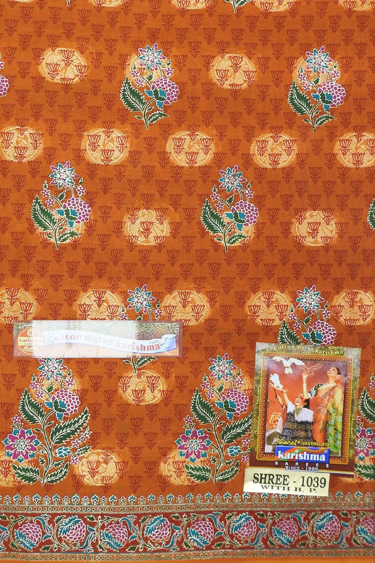 Orange Gold Banarasi Jacquard Design Style Printed Pure Cotton Saree - Shop Karishma