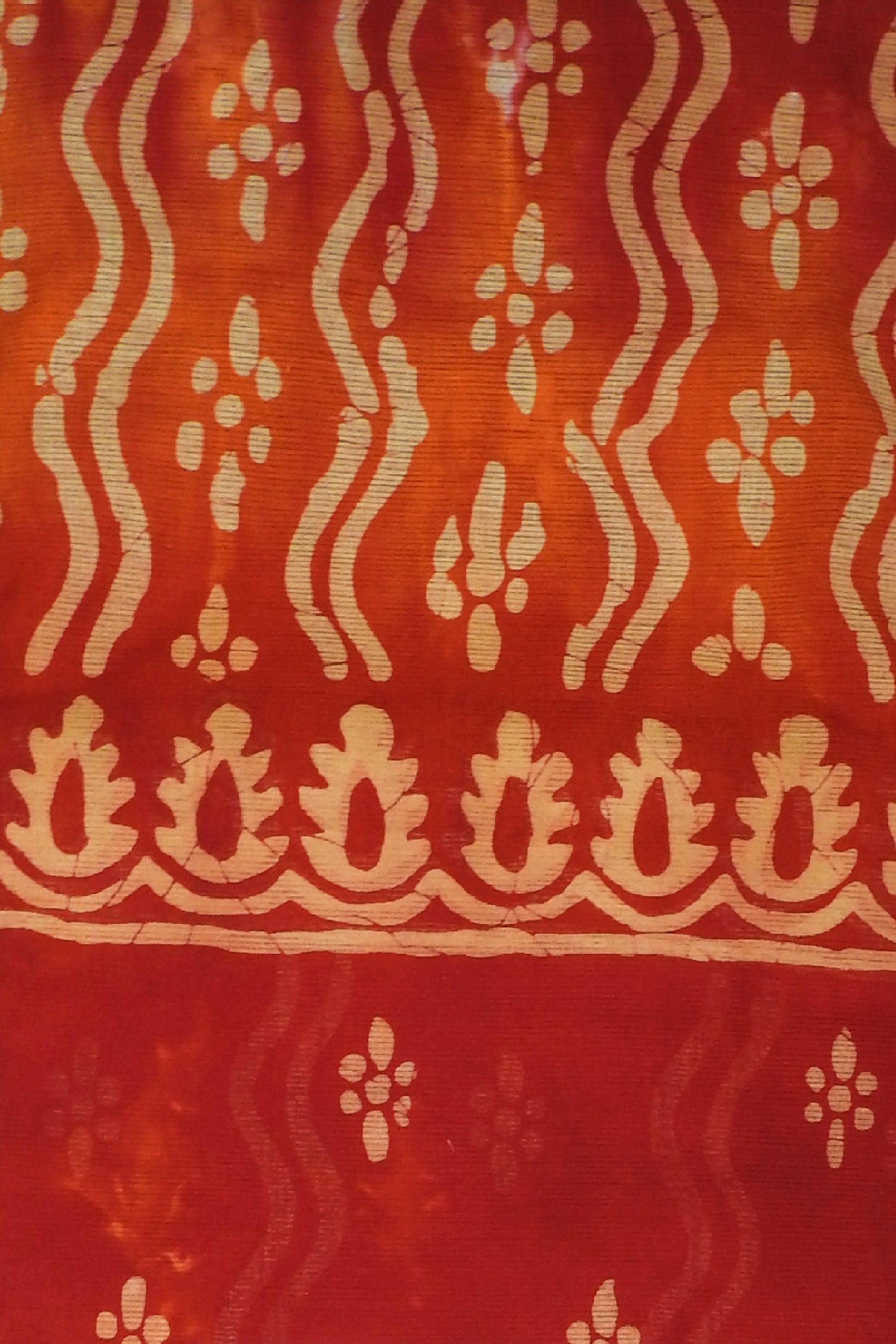 Yellow & Red Pure Mulmul Cotton Shibori Style Saree with Zari Border - Shop Karishma