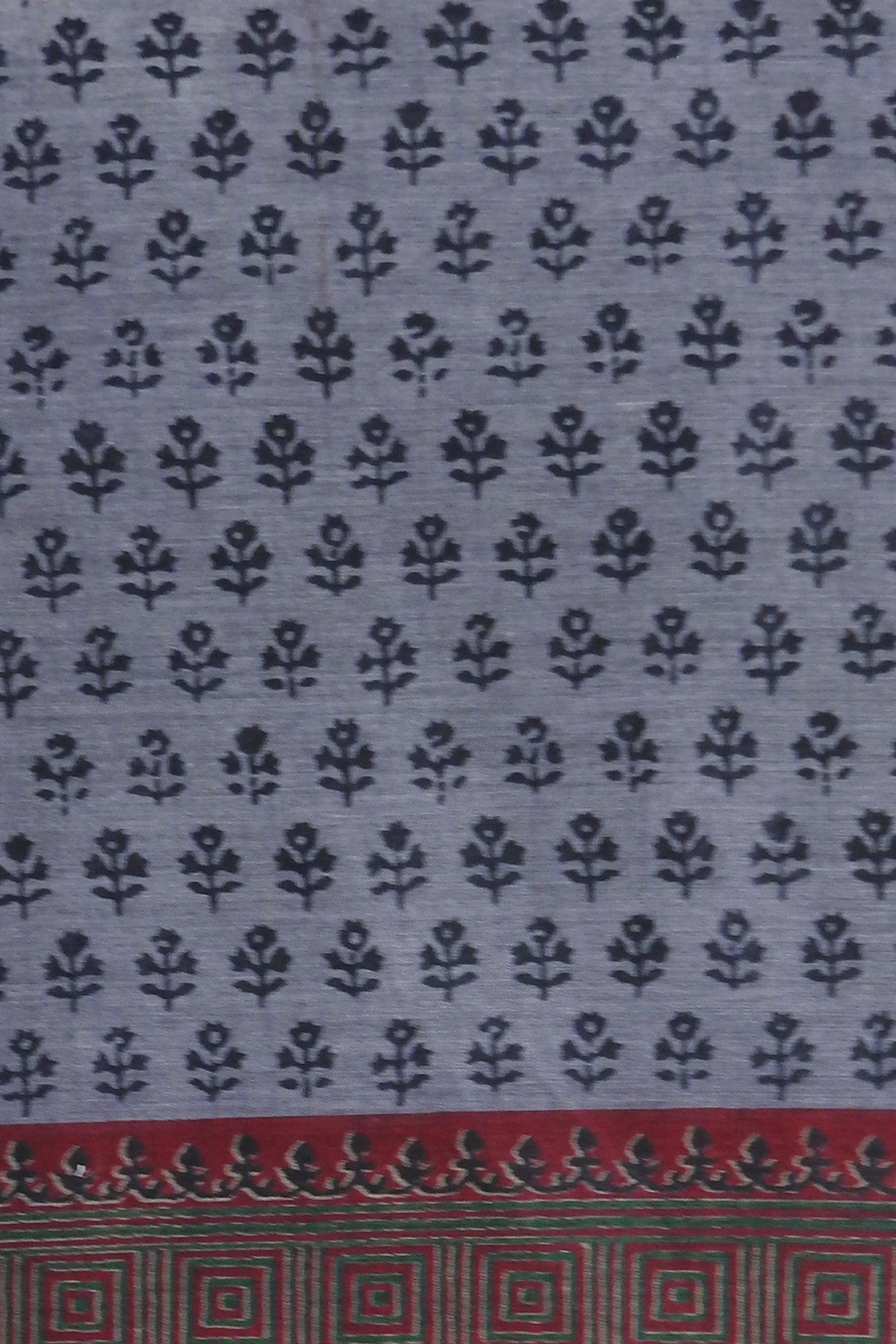 Grey Handloom Butti Design Printed Pure Soft Muslin Cotton Saree with Zari Border - Shop Karishma