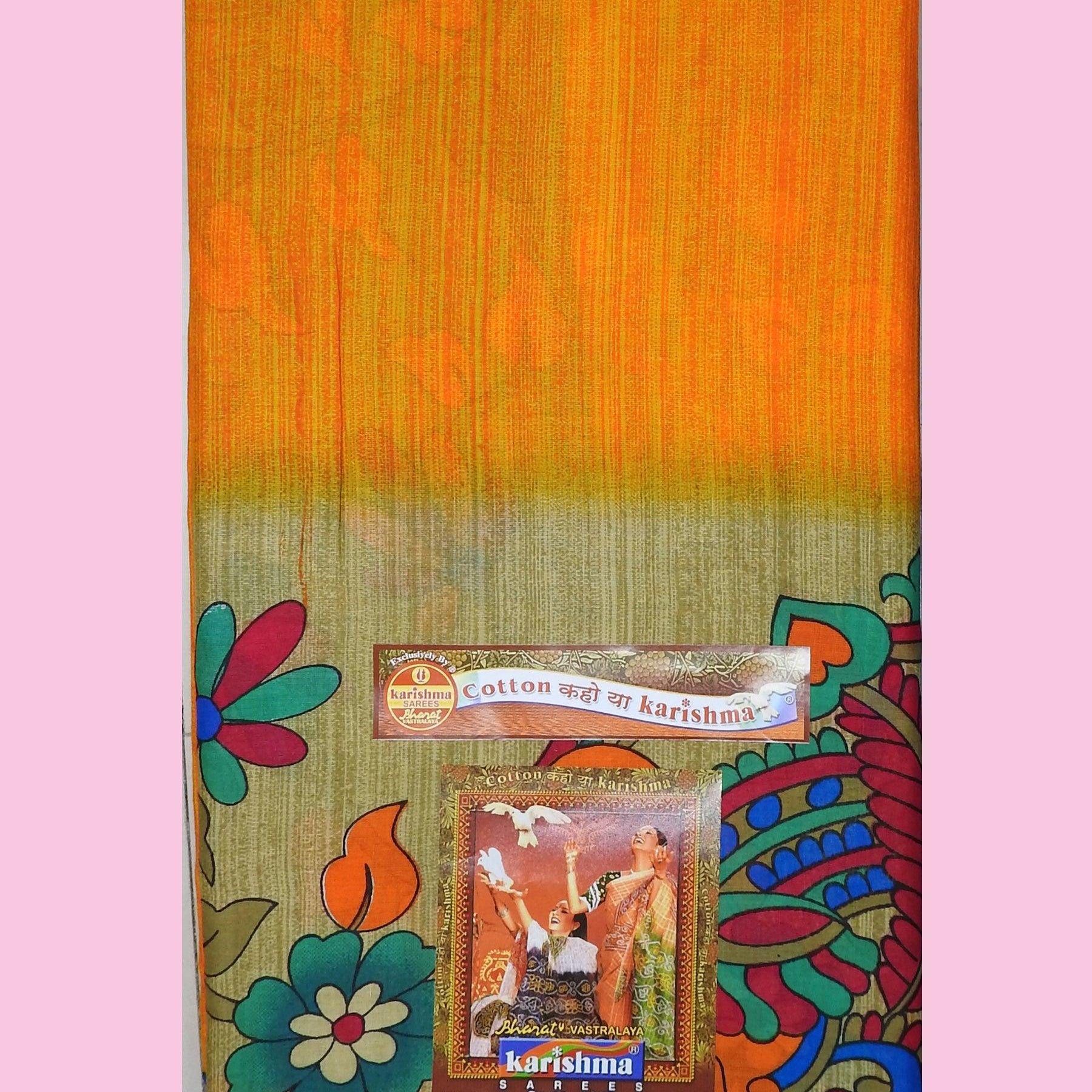 Yellow Kalamkari Style Multicolour Peacock Printed Jamewar Zari Border Pure Soft Cotton Saree - Shop Karishma