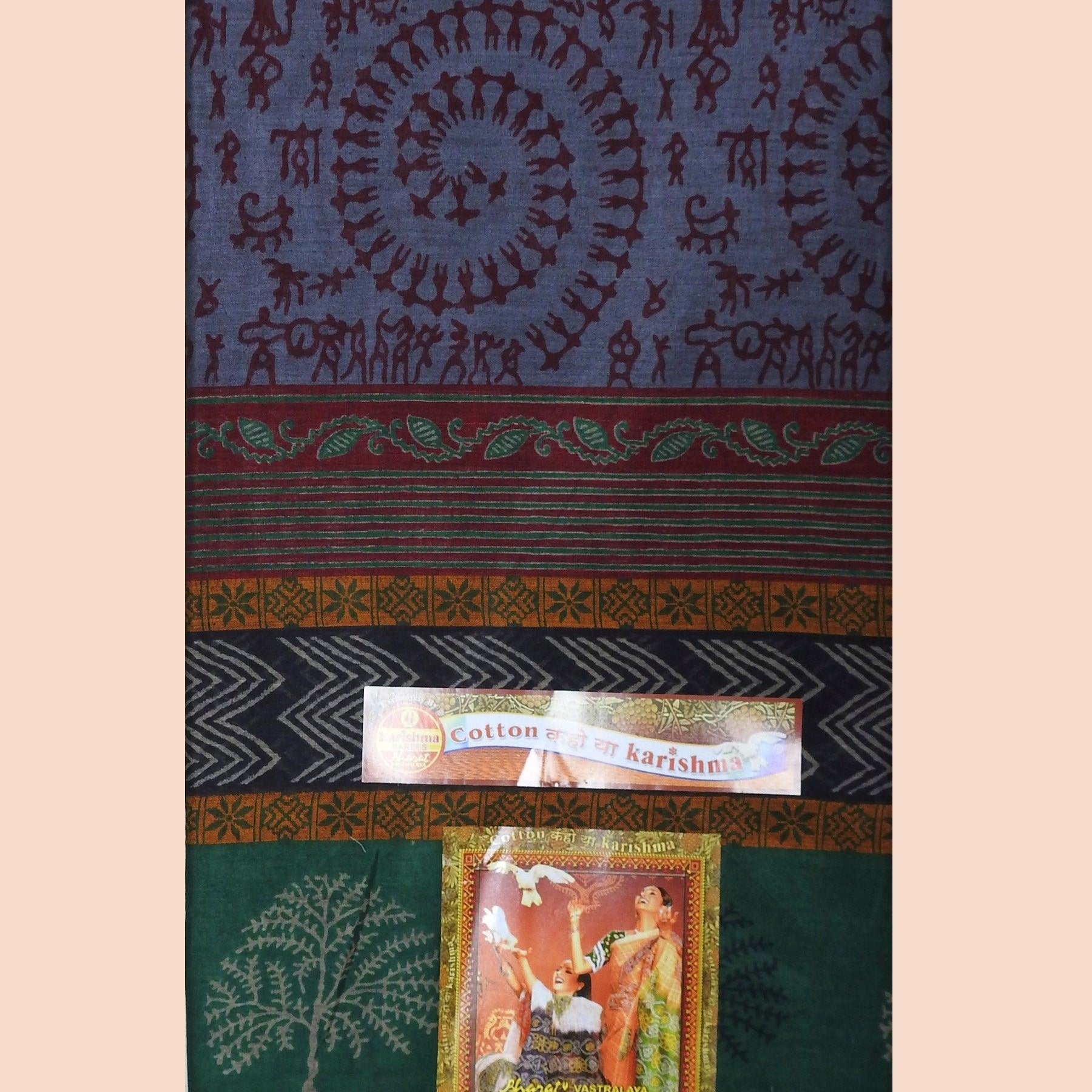 Grey Handloom Warli Design Printed Pure Soft Muslin Cotton Saree with Zari Border - Shop Karishma