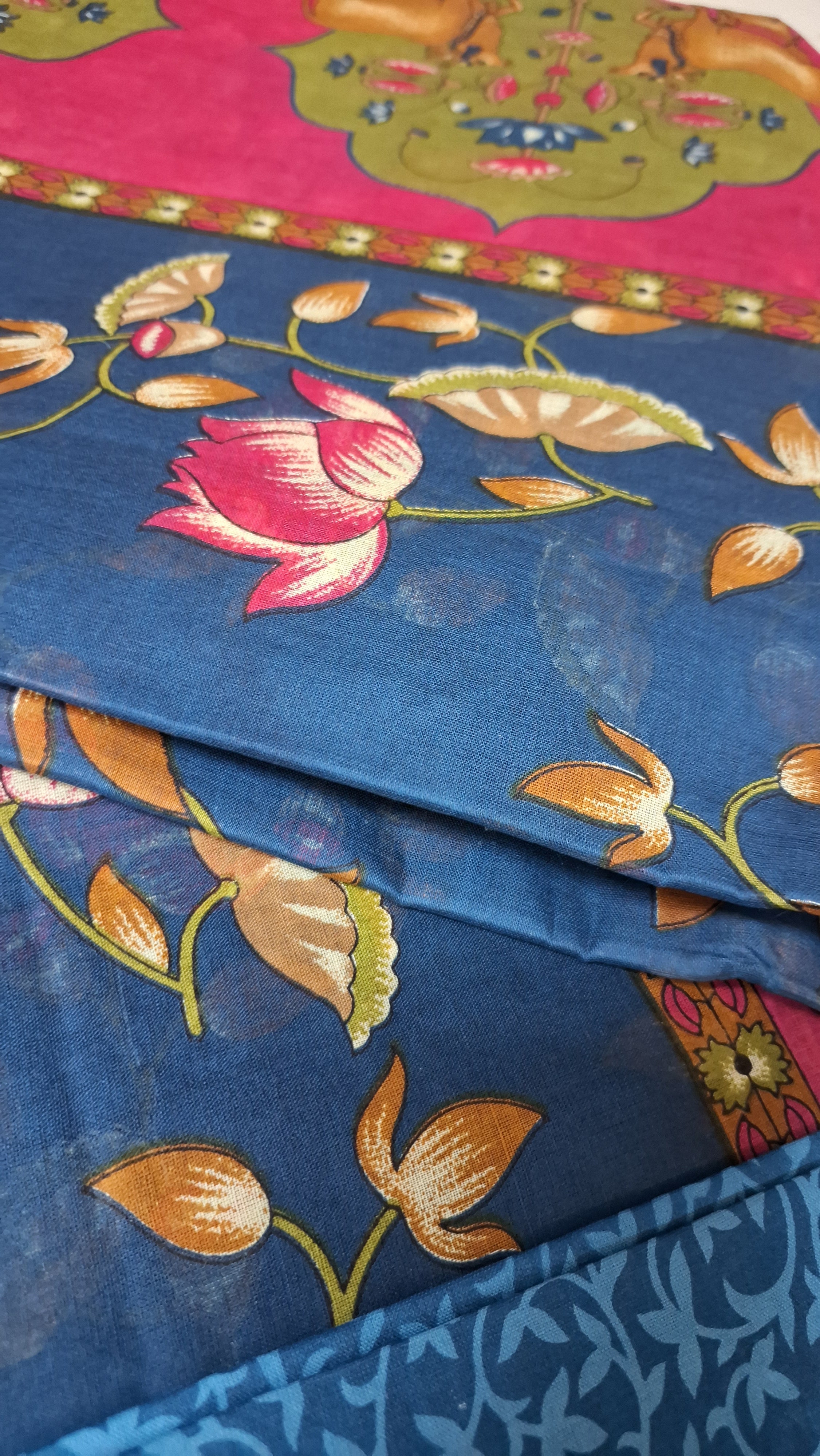 Blue Pichwai Temple Design Printed Pure Mulmul Cotton Saree