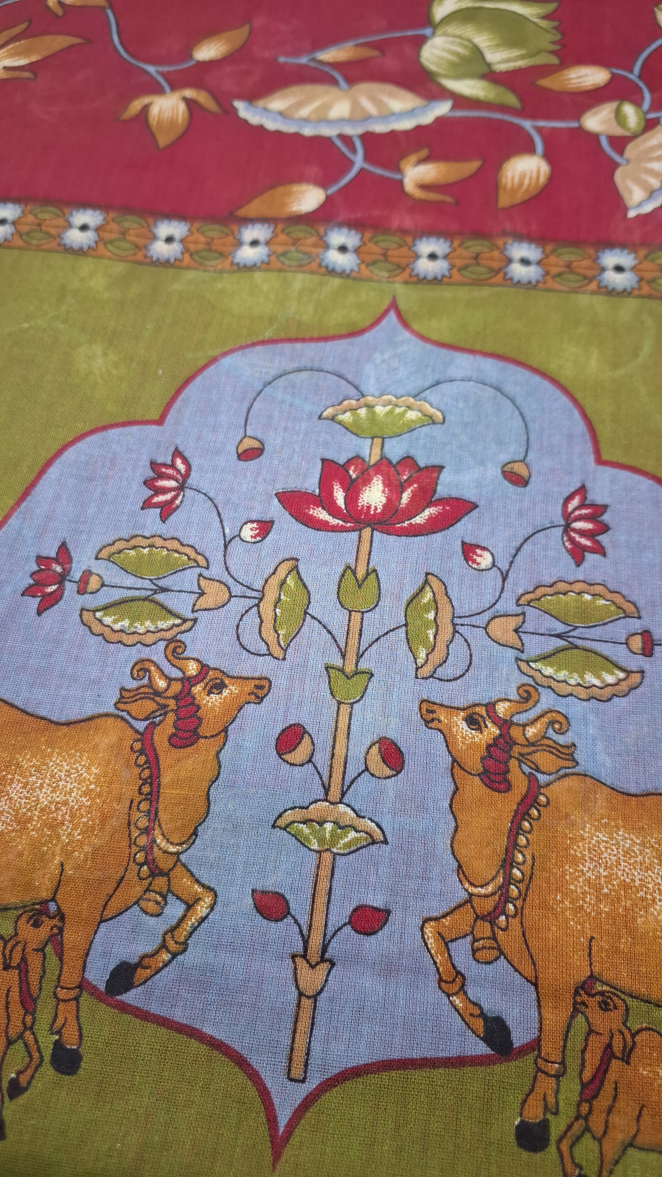 Red Pichwai Temple Design Printed Pure Mulmul Cotton Saree