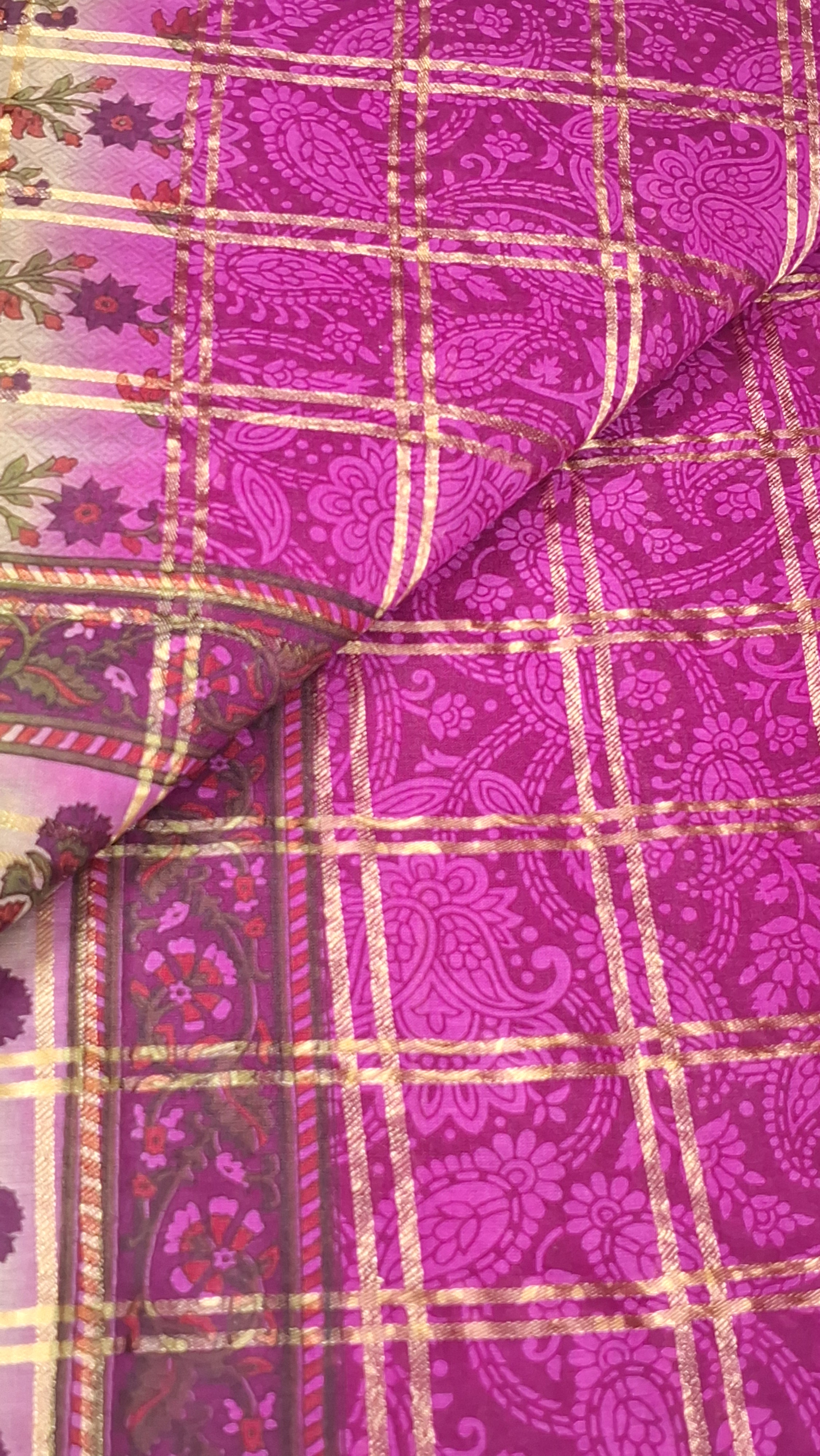 Magenta Gold Zari Festive Floral Design Printed Mulmul Pure Cotton Saree with Border