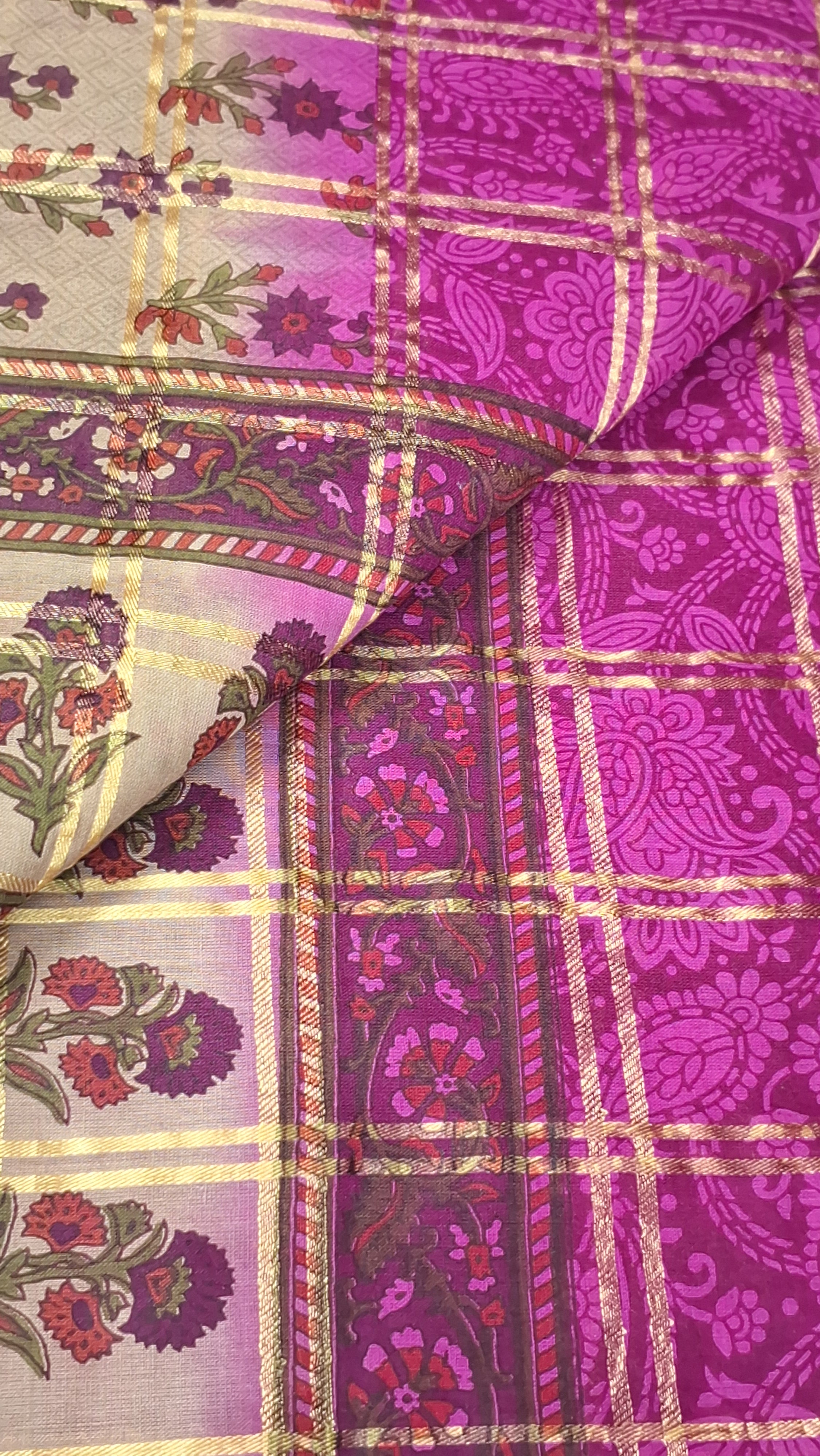 Magenta Gold Zari Festive Floral Design Printed Mulmul Pure Cotton Saree with Border