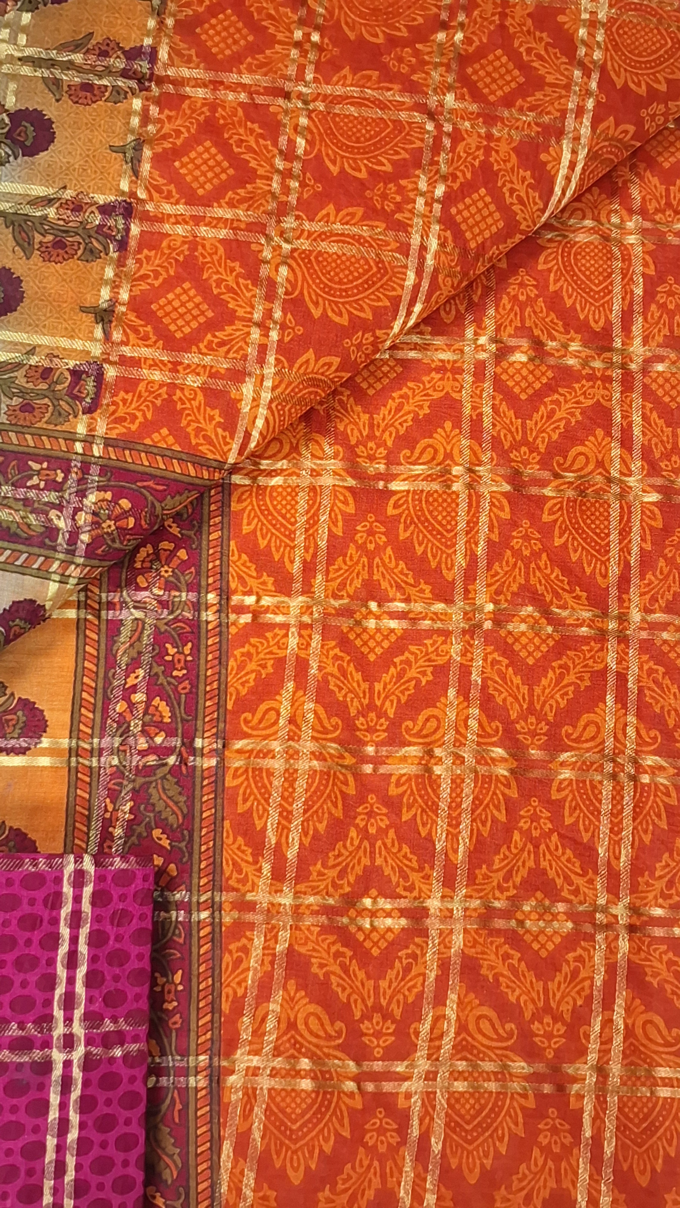 Orange Gold Zari Festive Floral Design Printed Mulmul Pure Cotton Saree with Border