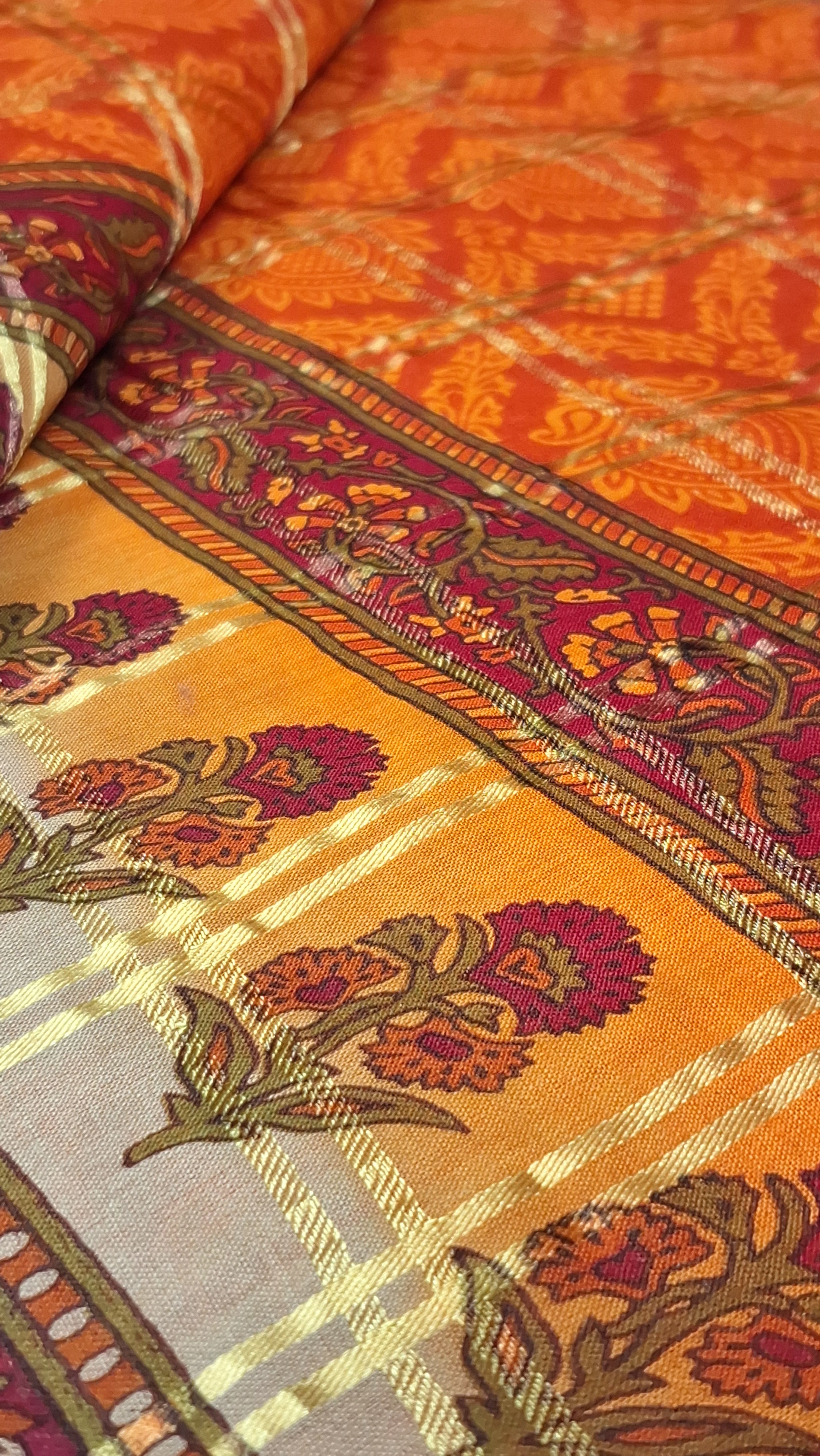 Orange Gold Zari Festive Floral Design Printed Mulmul Pure Cotton Saree with Border