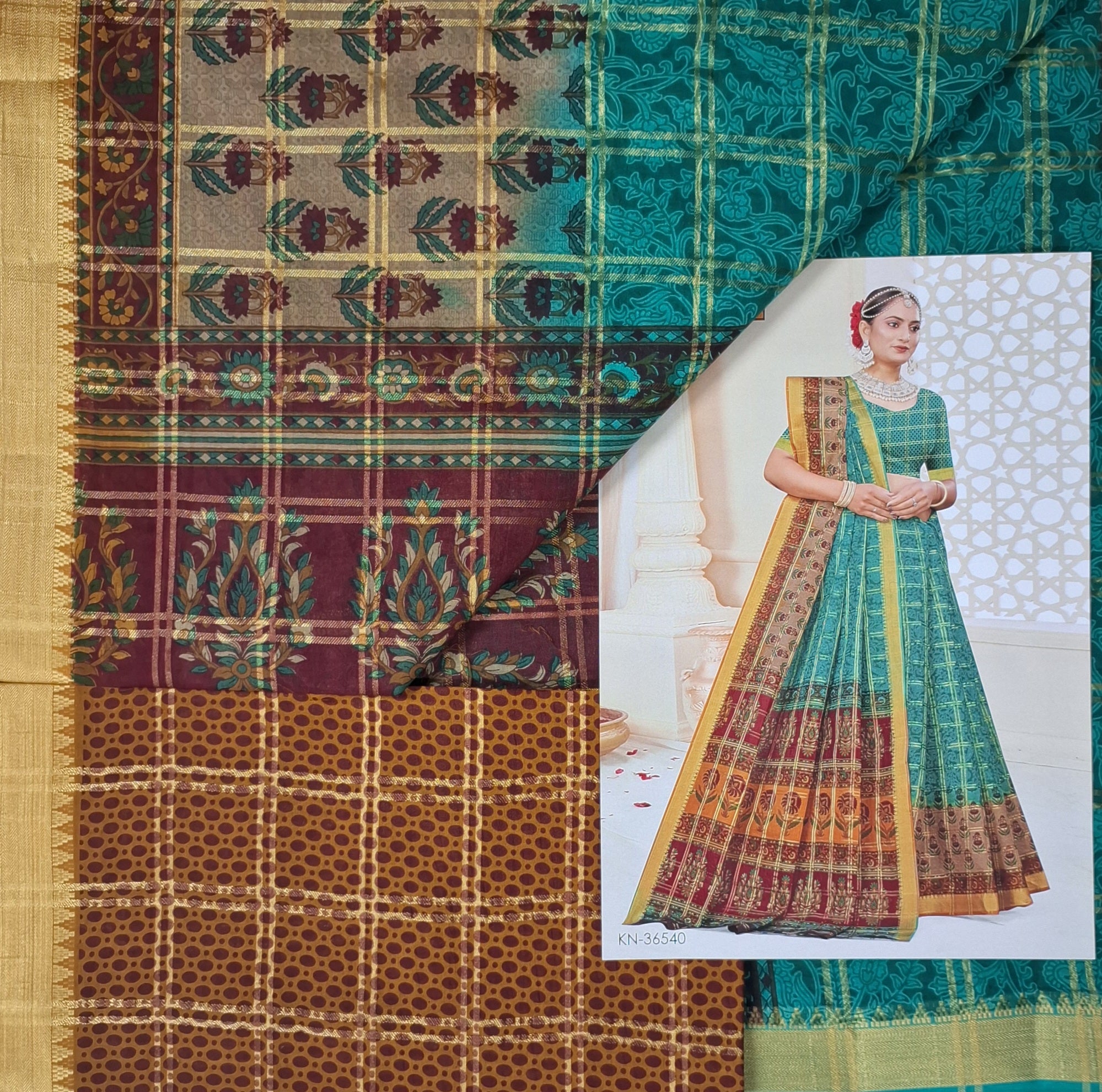 Green Gold Zari Festive Floral Design Printed Mulmul Pure Cotton Saree with Border