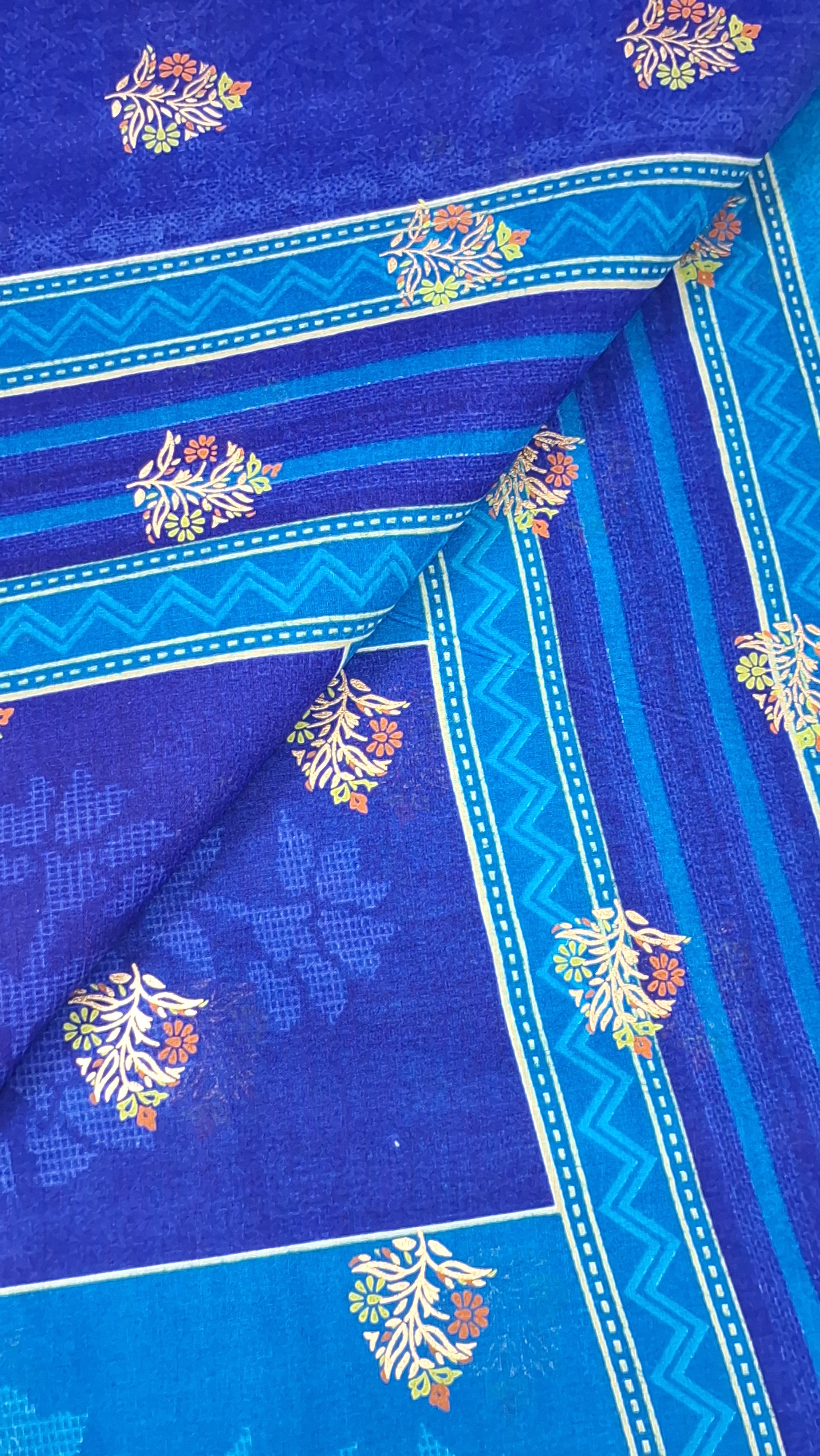 Navy Blue Shaded Gold Festive Design Printed Mulmul Pure Cotton Saree