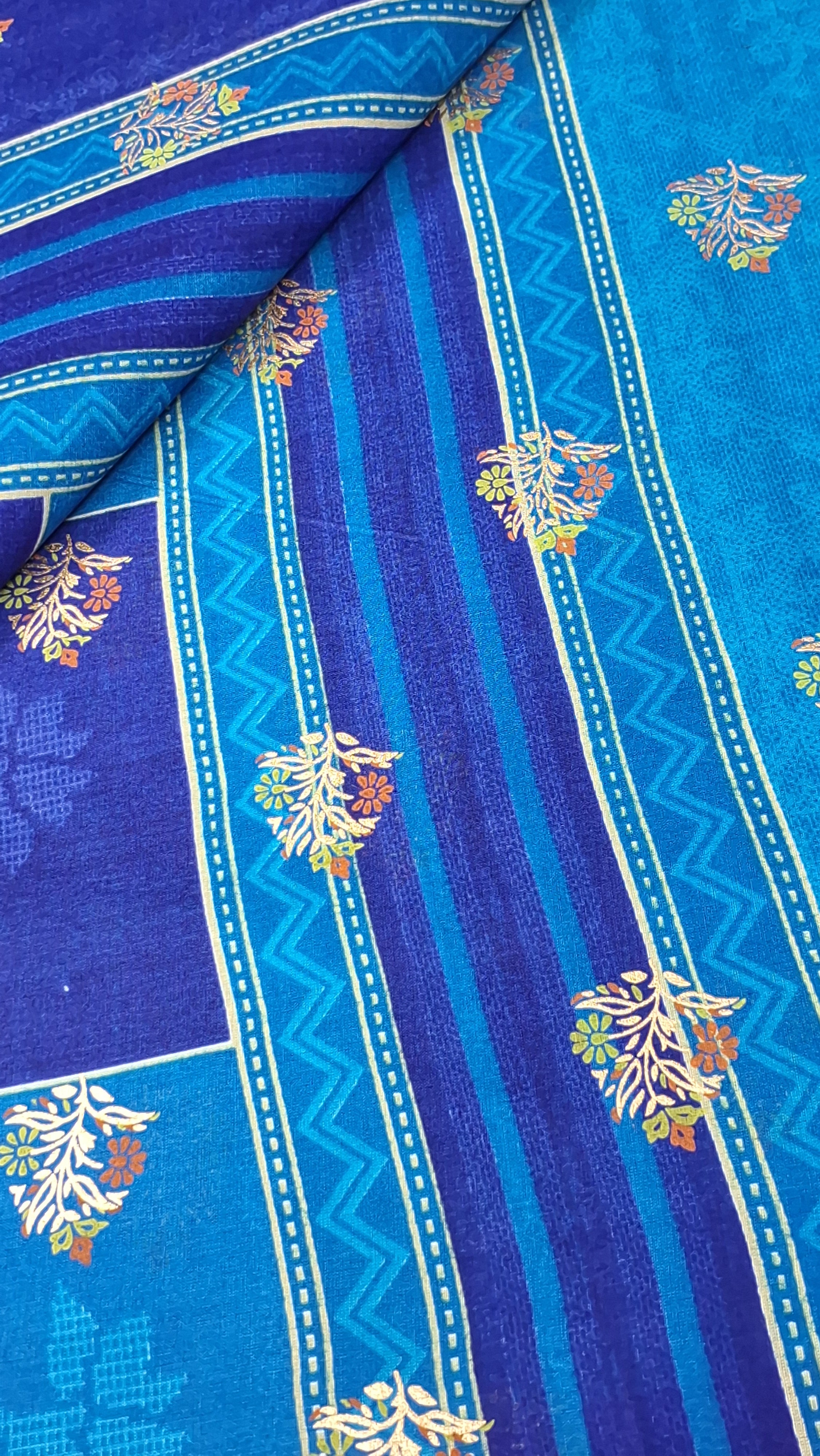 Navy Blue Shaded Gold Festive Design Printed Mulmul Pure Cotton Saree