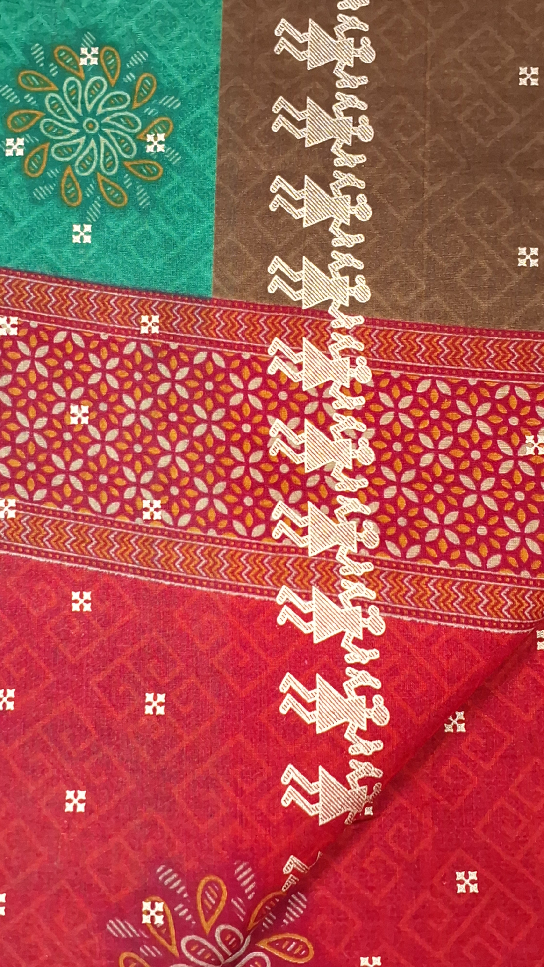 Red Warli Gold Festive Design Printed Mulmul Pure Cotton Saree