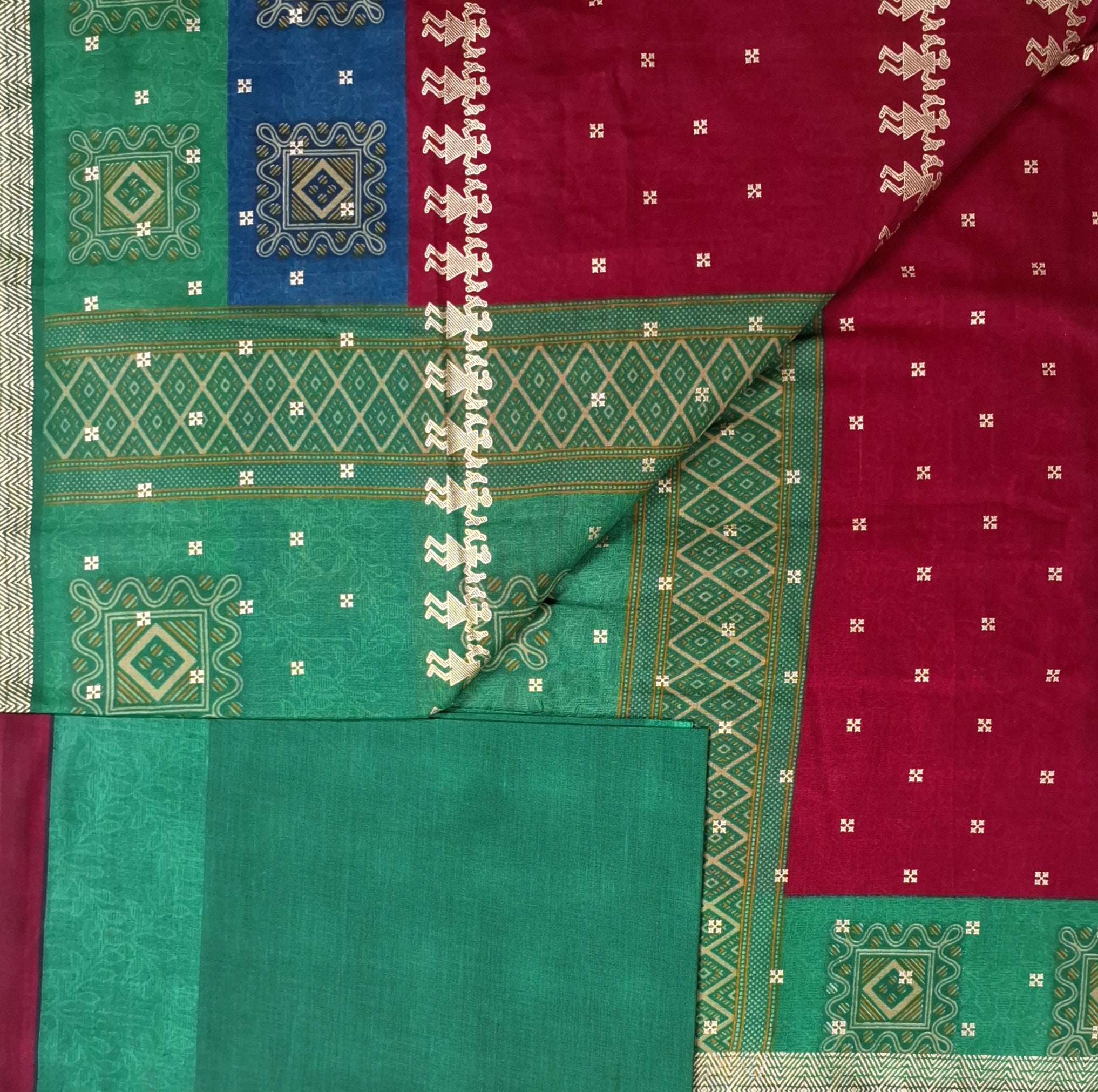 Green Warli Gold Festive Design Printed Mulmul Pure Cotton Saree