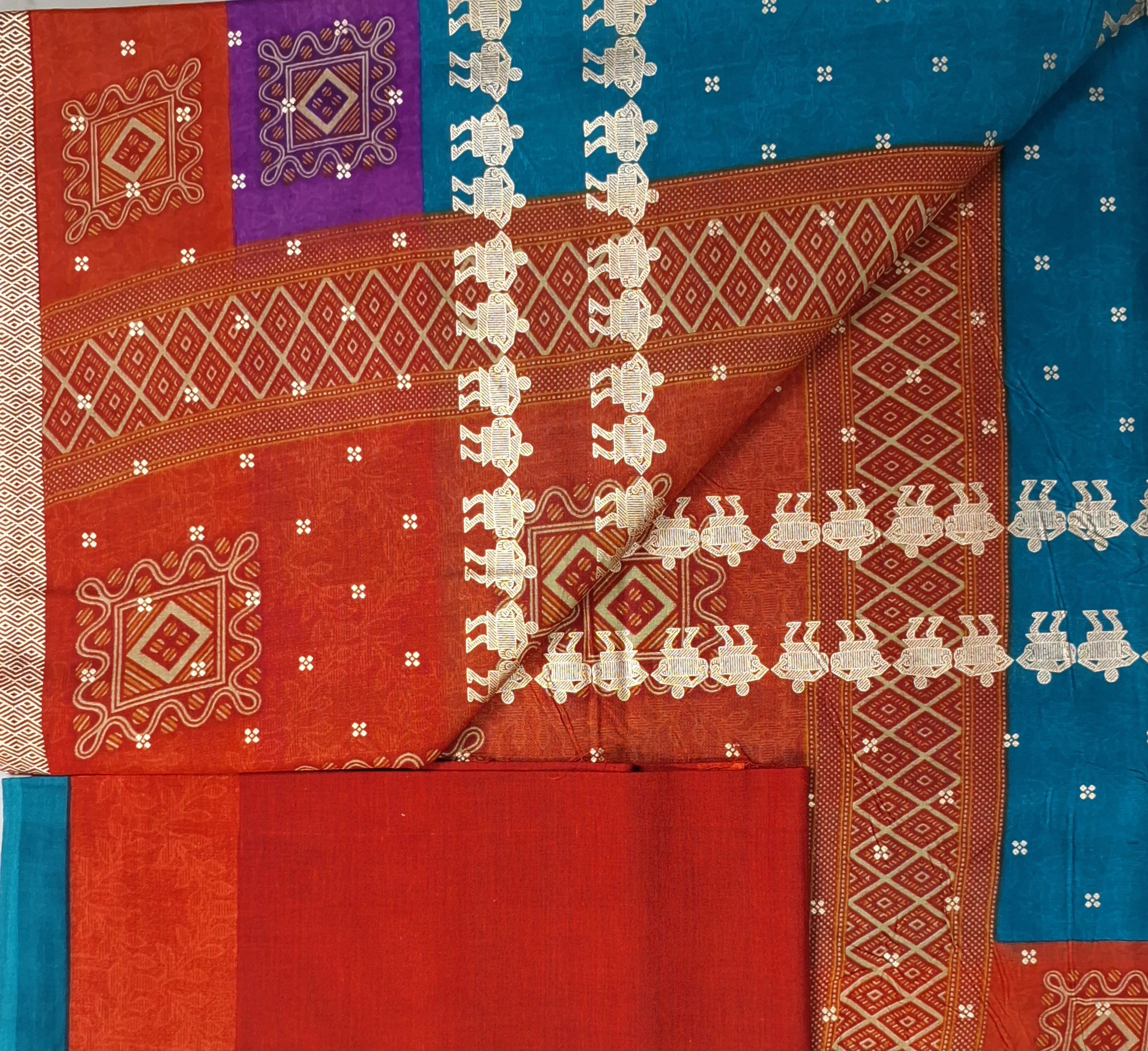 Orange Warli Gold Festive Design Printed Mulmul Pure Cotton Saree