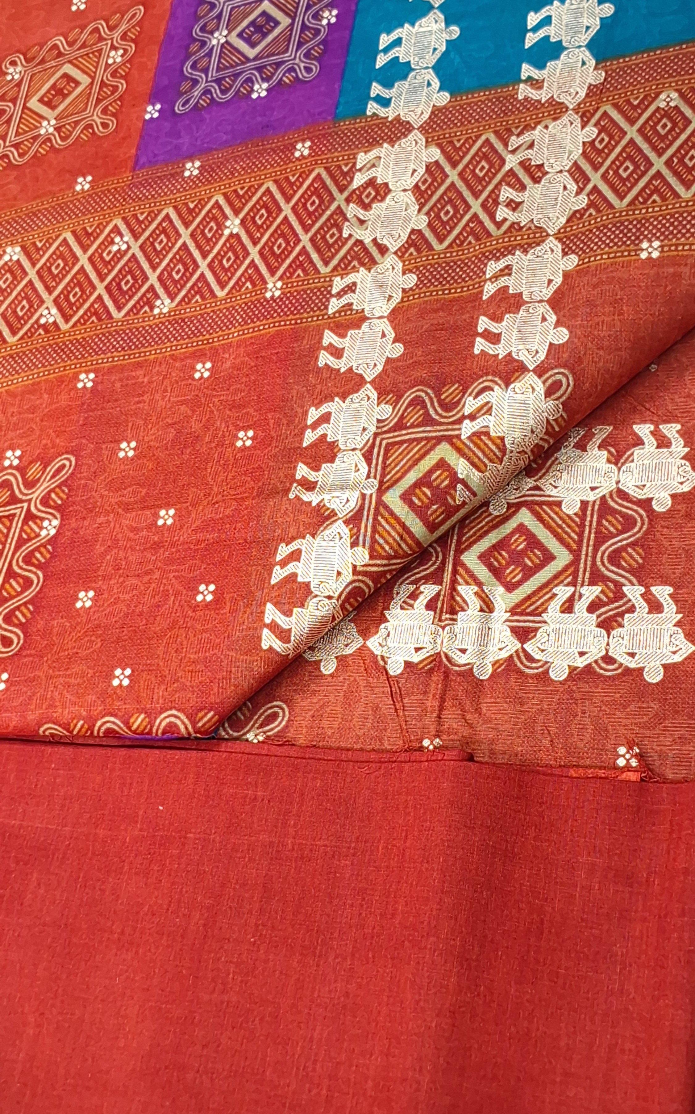 Orange Warli Gold Festive Design Printed Mulmul Pure Cotton Saree