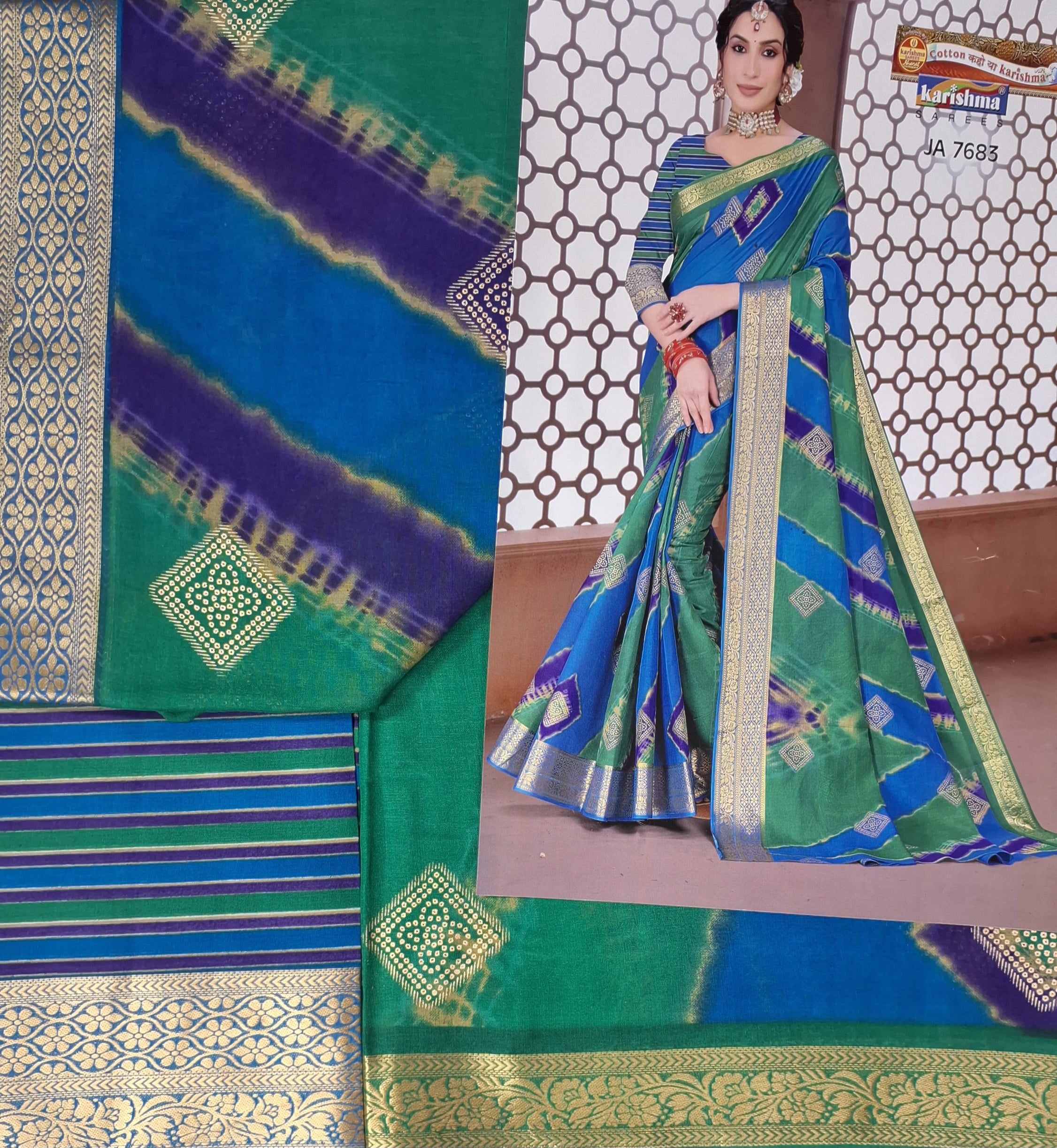 Blue Traditional Leheriya Design Festive Jamewar Gold Zari Border Printed Pure Cotton Saree