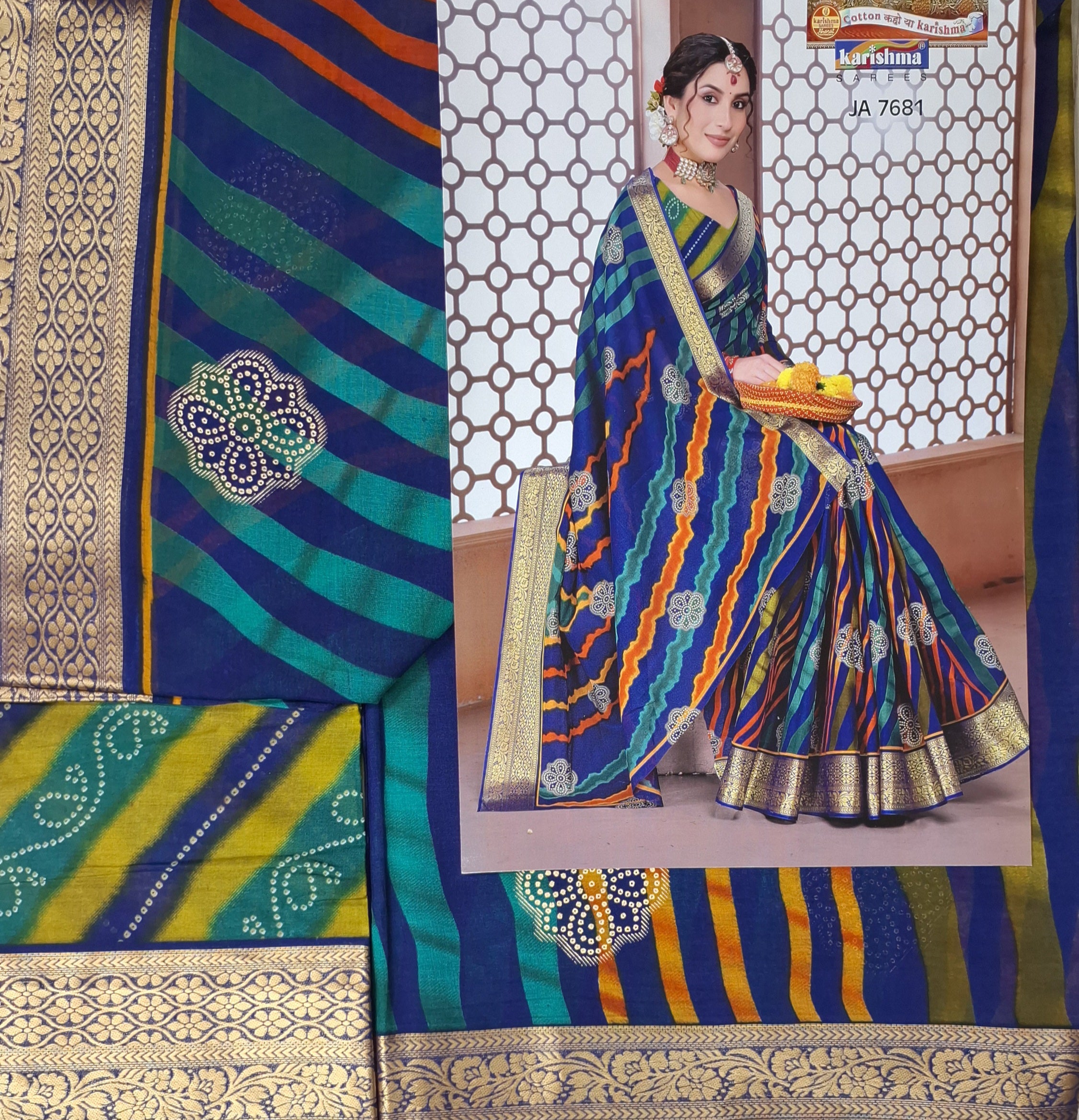 Navy Blue Traditional Leheriya Design Festive Jamewar Gold Zari Border Printed Pure Cotton Saree