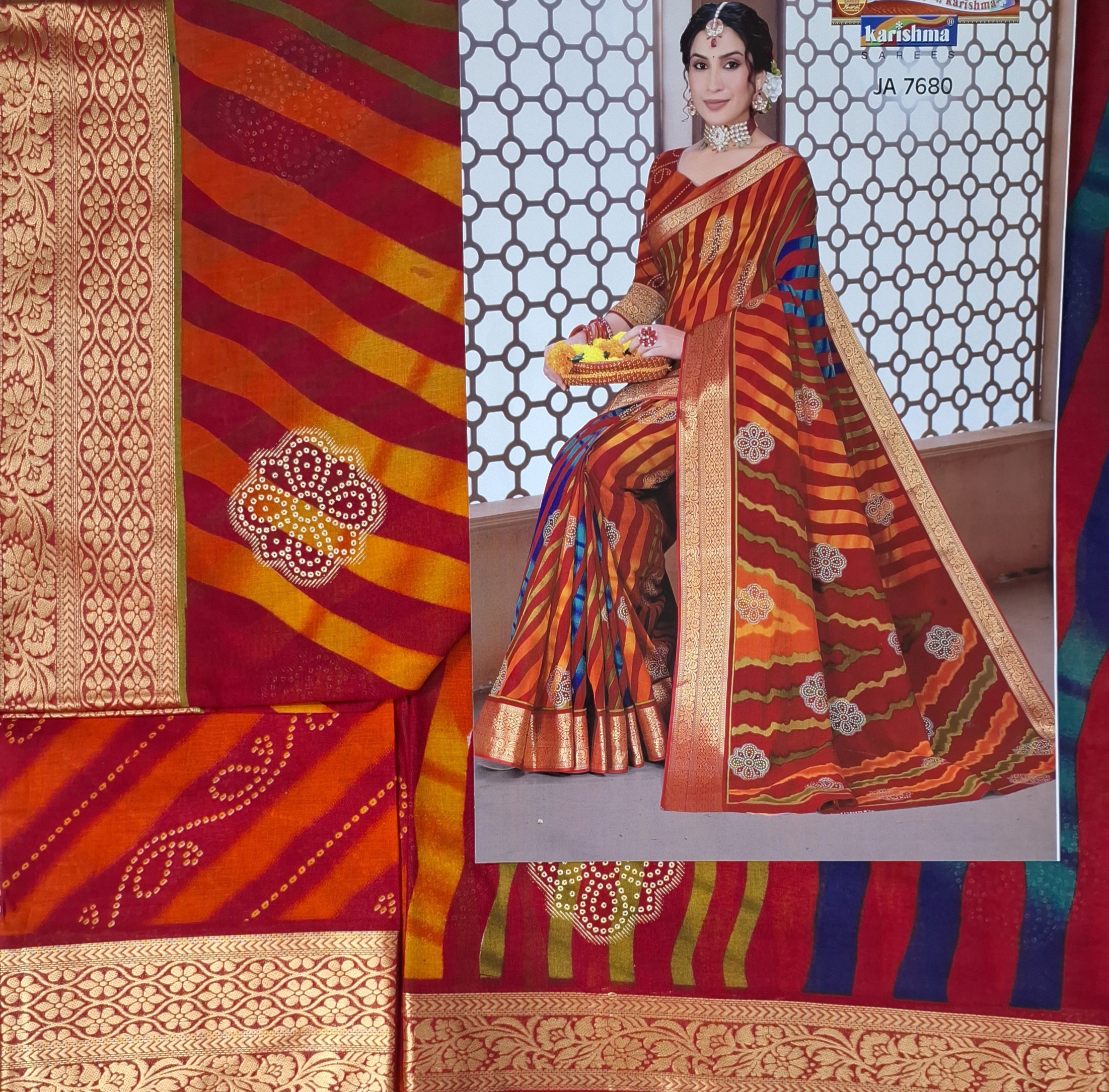 Orange Traditional Leheriya Design Festive Jamewar Gold Zari Border Printed Pure Cotton Saree