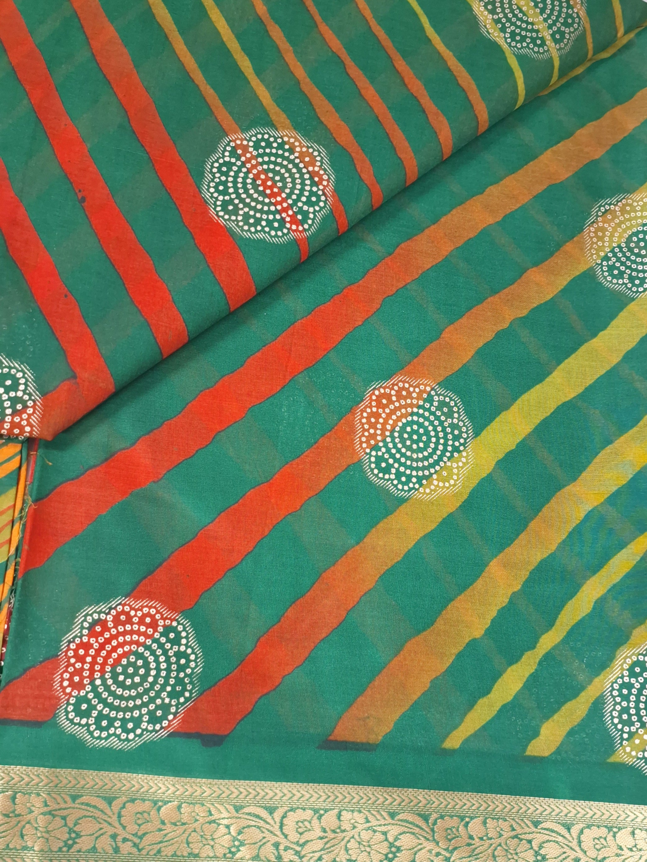 Green Traditional Leheriya Design Festive Jamewar Gold Zari Border Printed Pure Cotton Saree