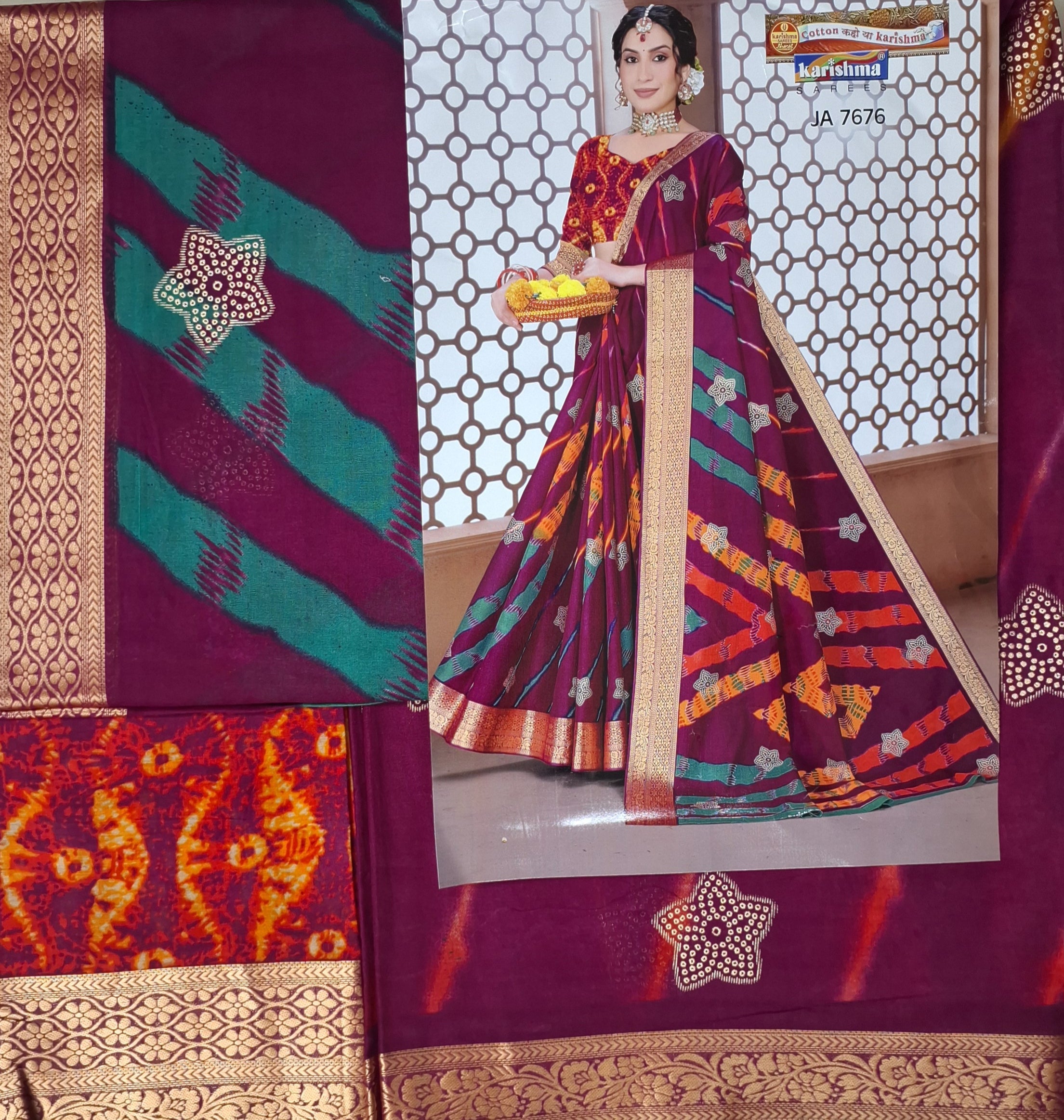 Magenta Traditional Leheriya Design Festive Jamewar Gold Zari Border Printed Pure Cotton Saree