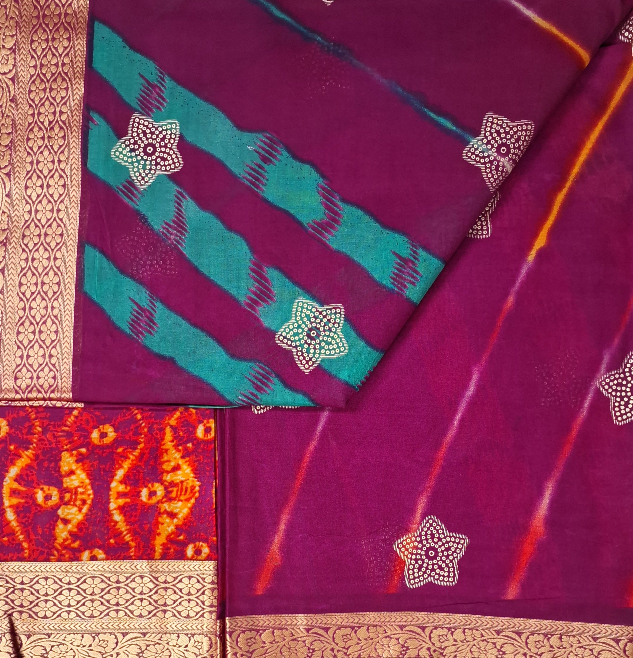 Magenta Traditional Leheriya Design Festive Jamewar Gold Zari Border Printed Pure Cotton Saree