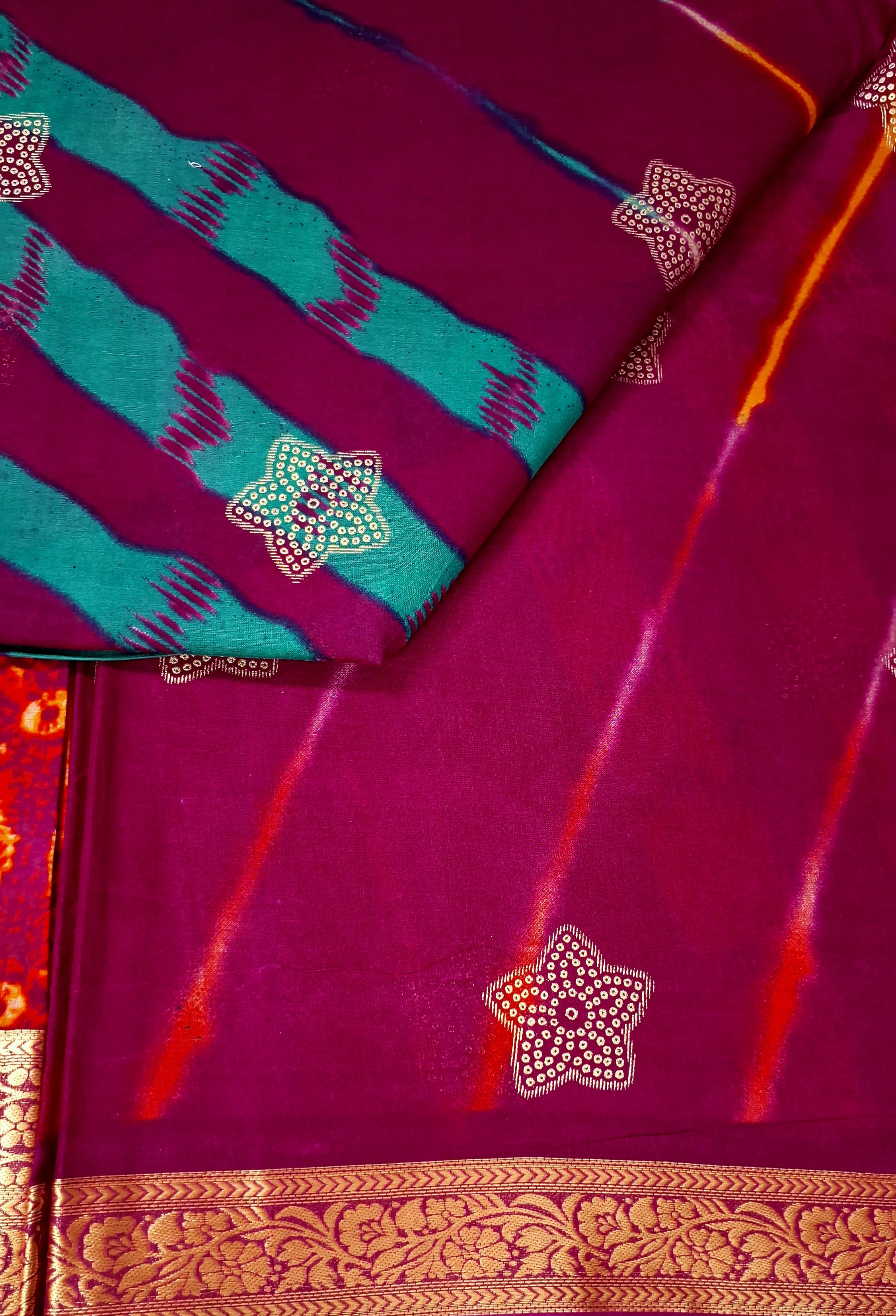 Magenta Traditional Leheriya Design Festive Jamewar Gold Zari Border Printed Pure Cotton Saree