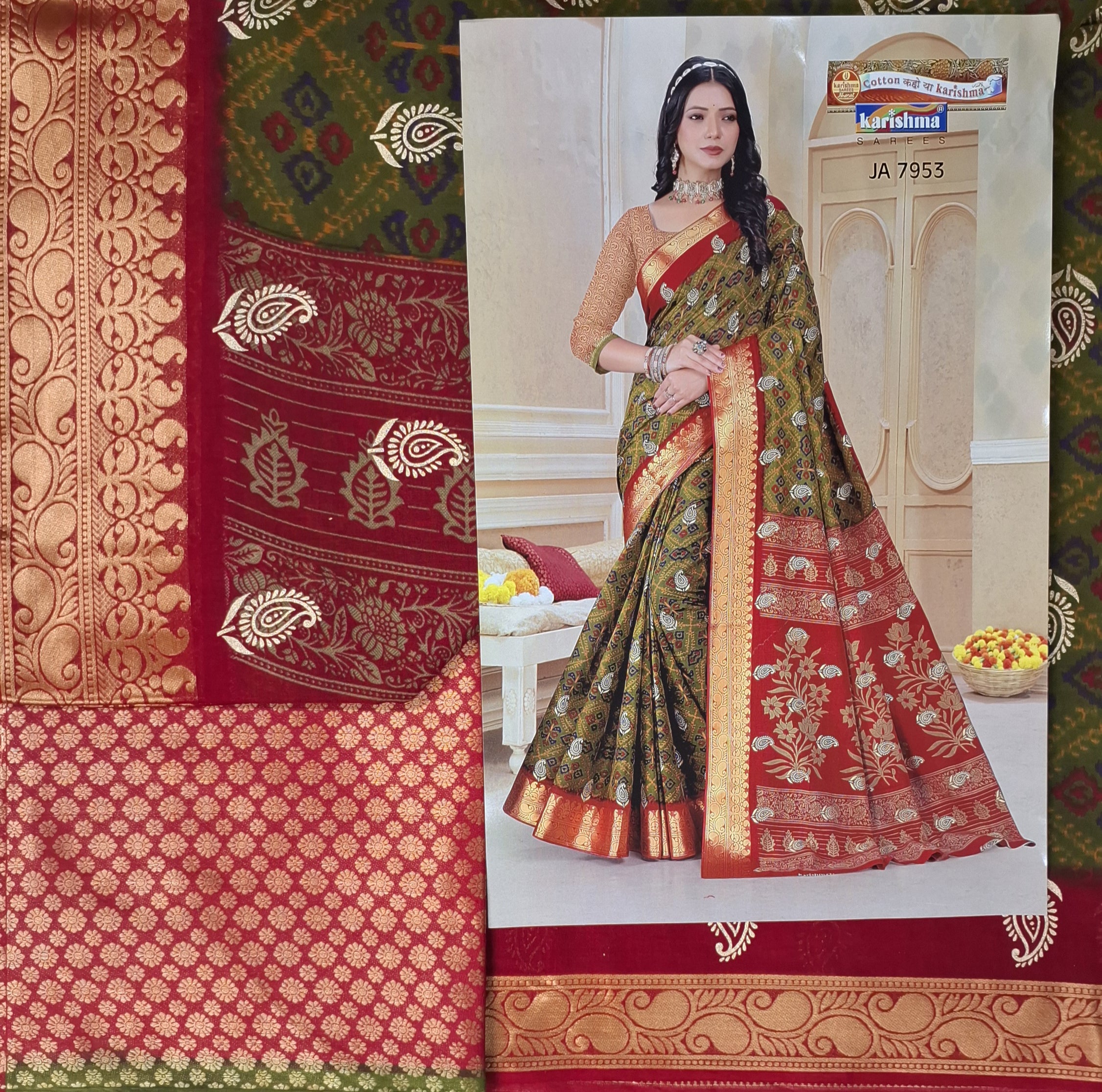 Olive Traditional Paisley Design Festive Jamewar Gold Zari Border Printed Pure Cotton Saree